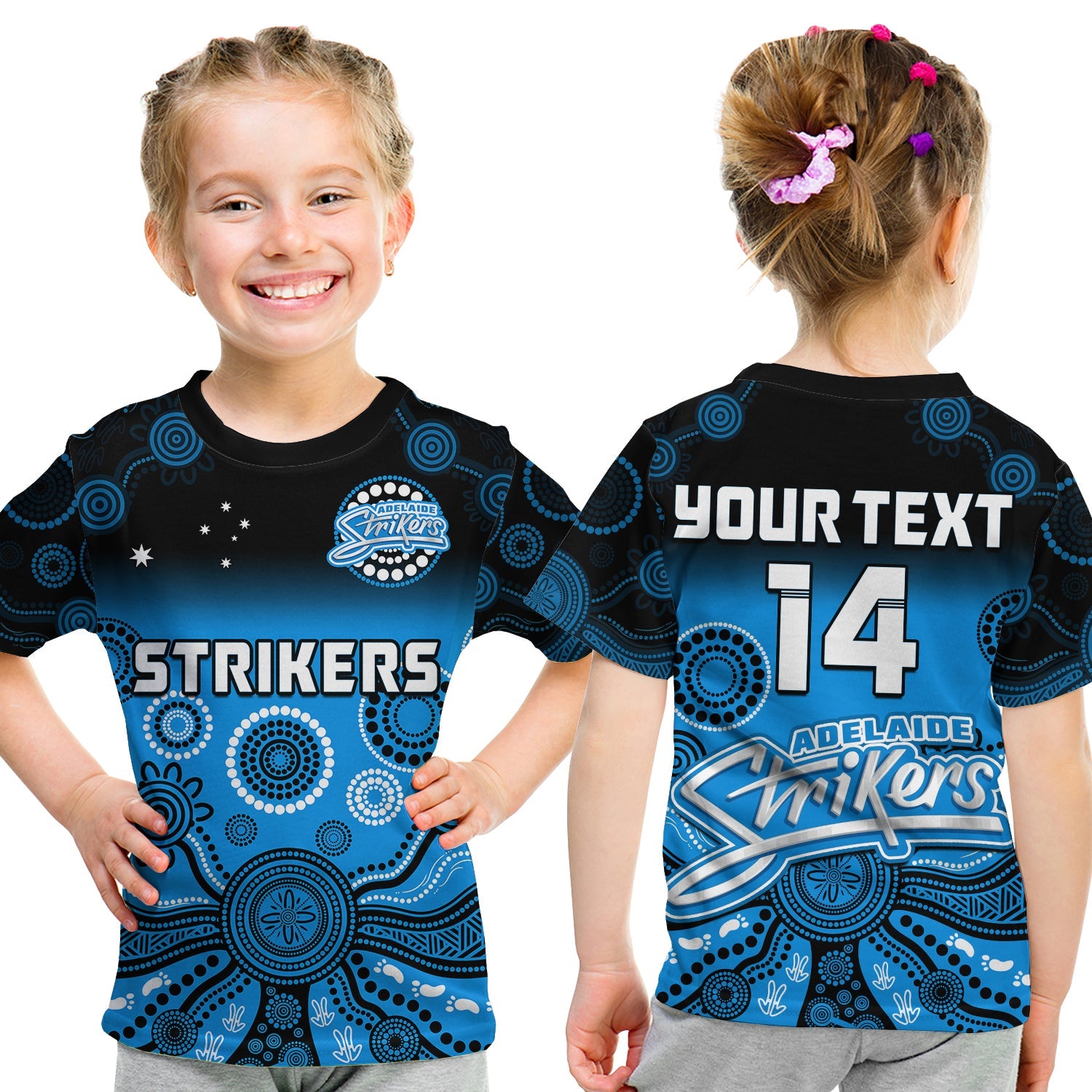 (Custom Text And Number) Adelaide Strikers T Shirt KID Gradient Aboriginal Dot Painting - Vibe Hoodie Shop