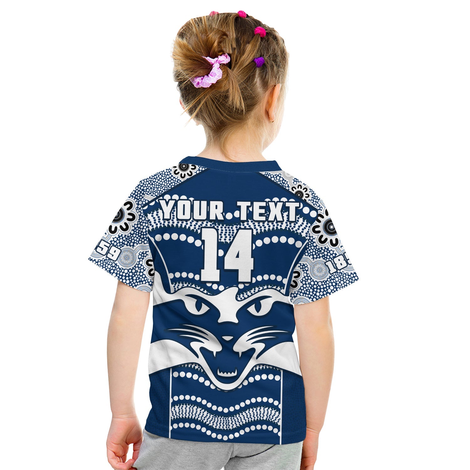 (Custom Text And Number) Cats Football T Shirt KID Geelong 1859 Indigenous Sporty Version - Vibe Hoodie Shop