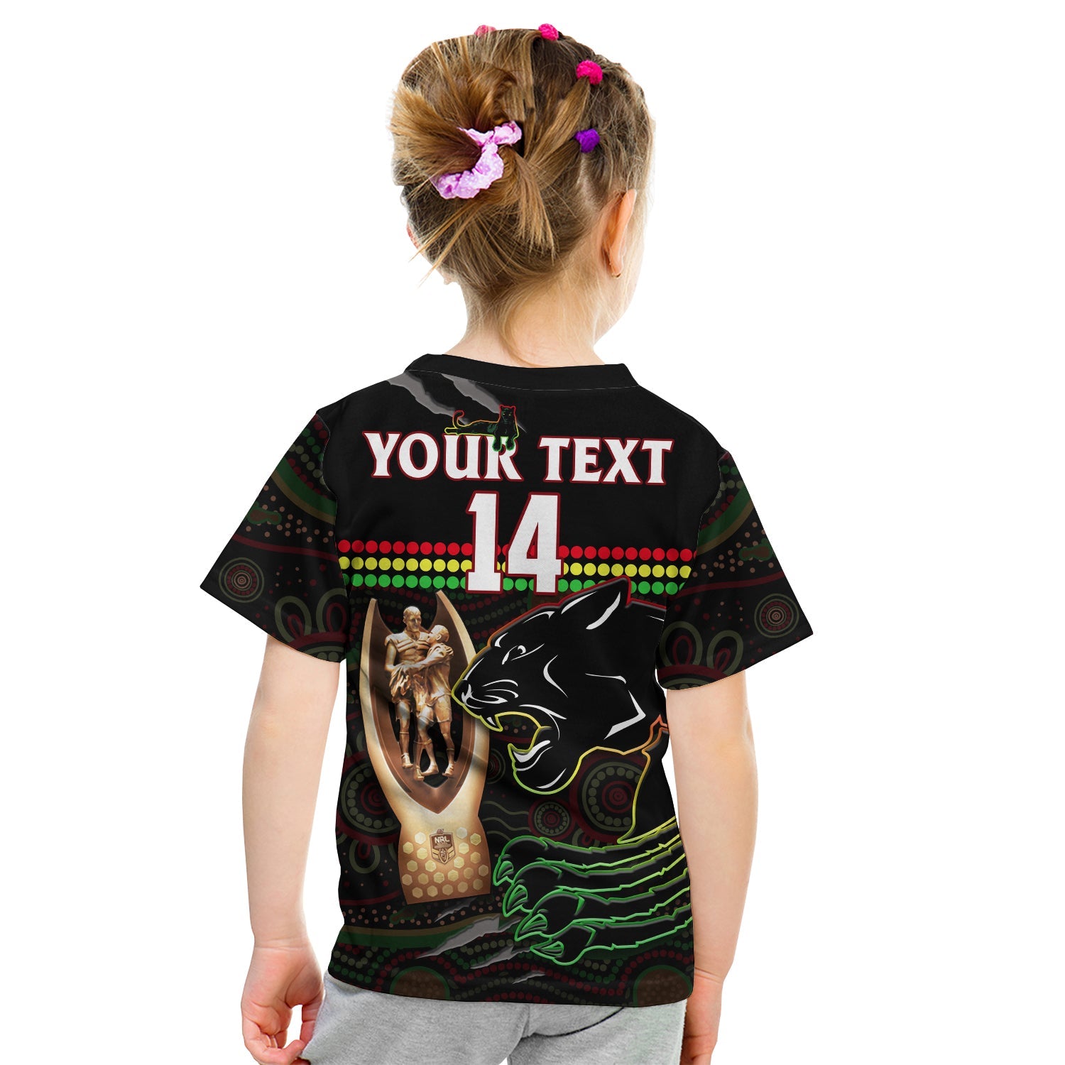 (Custom Text And Number) Panthers Rugby T Shirt KID The Riff 2022 Premiers Aboriginal Art - Vibe Hoodie Shop