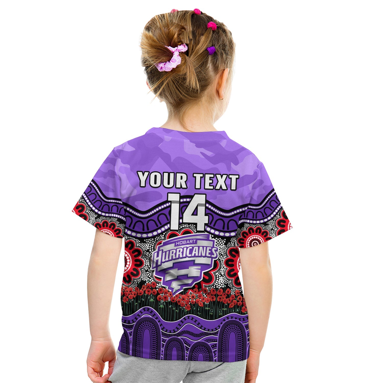 (Custom Text And Number) Hurricanes Cricket ANZAC T Shirt KID Hobart Poppy Aboriginal Camouflage - Vibe Hoodie Shop