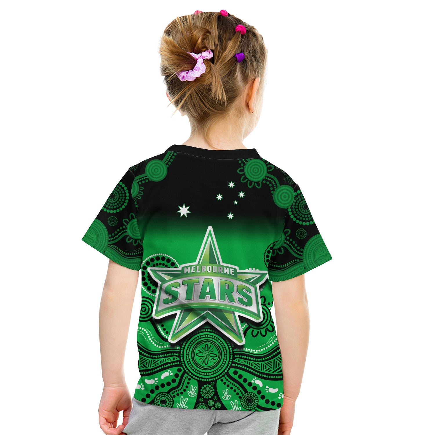 Stars Cricket T Shirt KID Melbourne Team Green Gradient Aboriginal Art - Vibe Hoodie Shop