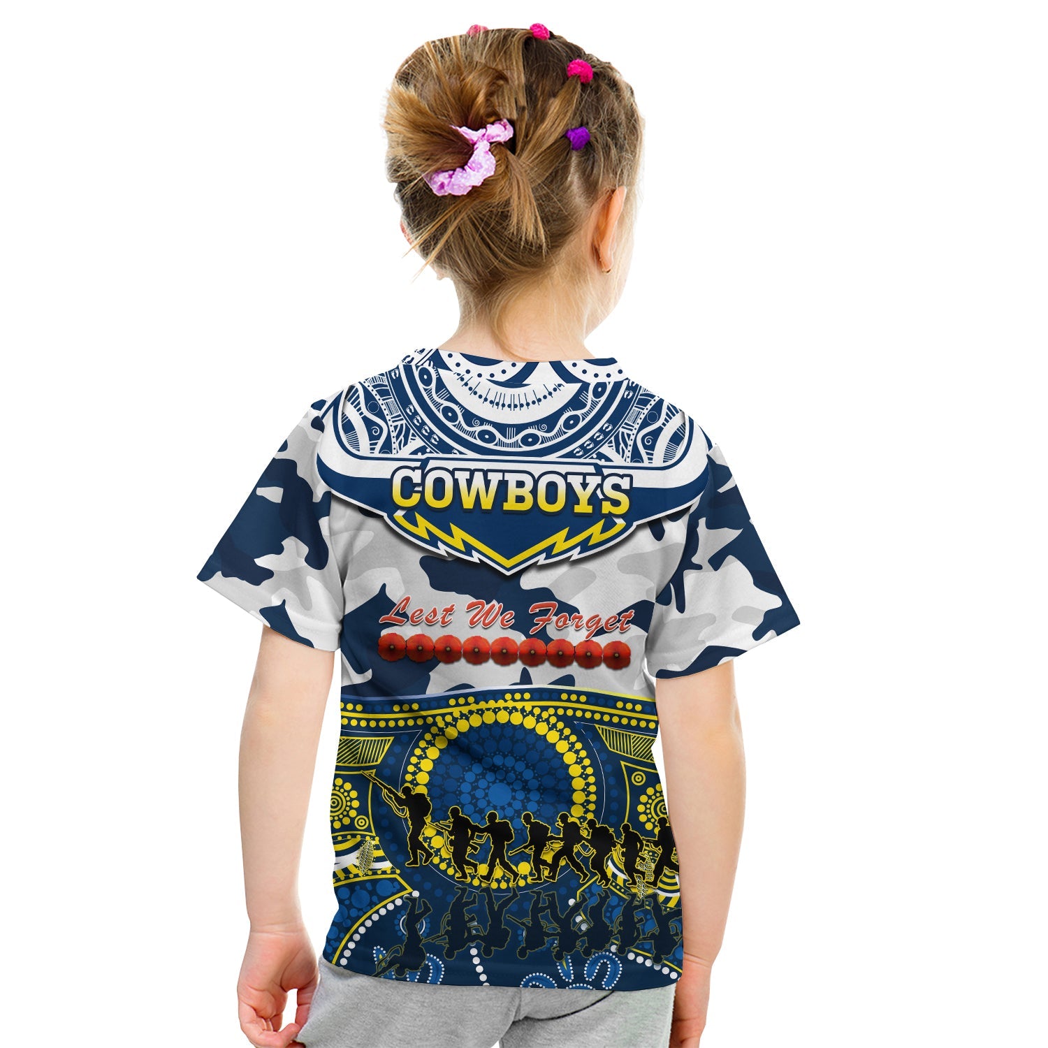 (Custom Text And Number) Cowboys Rugby ANZAC T Shirt KID Indigenous Poppy Mix Camouflage - Vibe Hoodie Shop