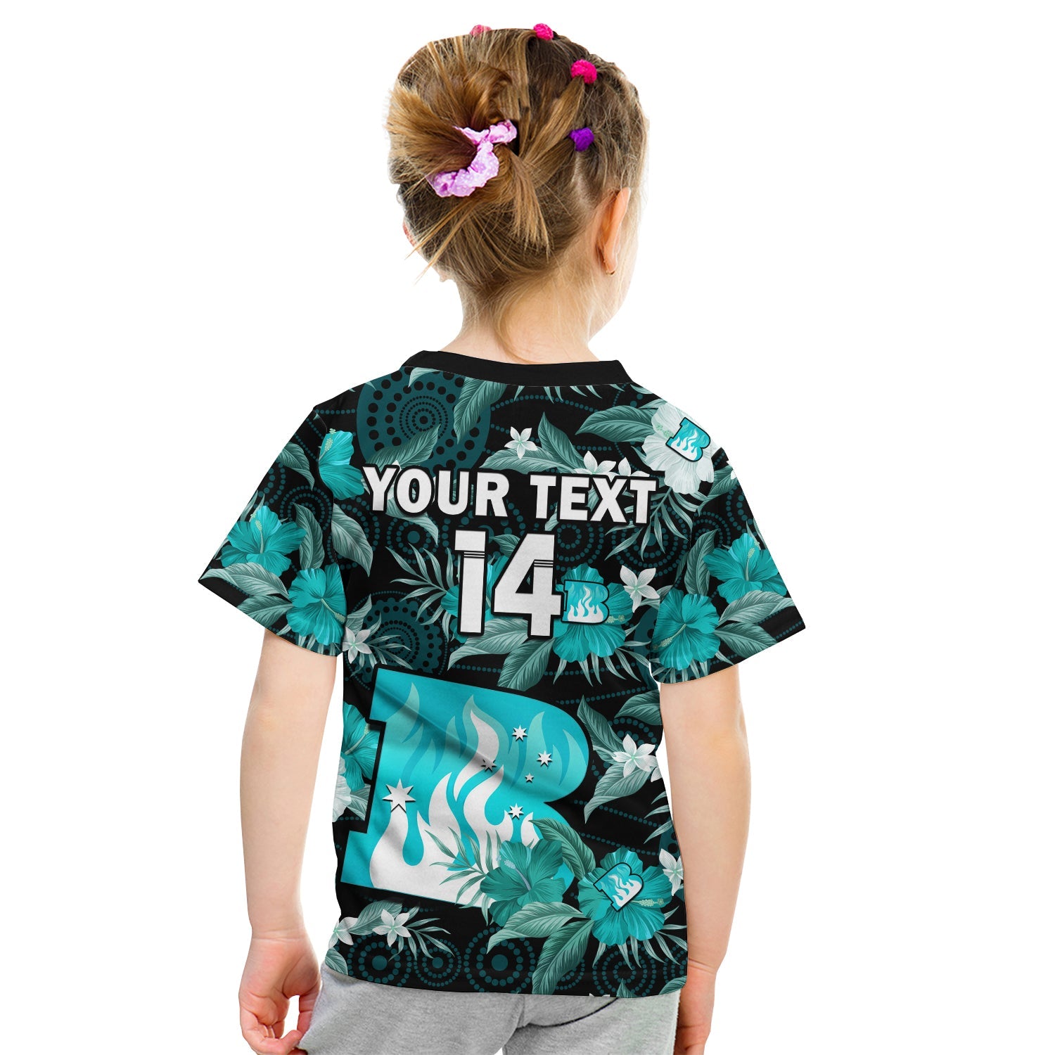 (Custom Text And Number) Brisbane Heat Cricket T Shirt KID Aboriginal Art Mix Tropical Flowers - Vibe Hoodie Shop