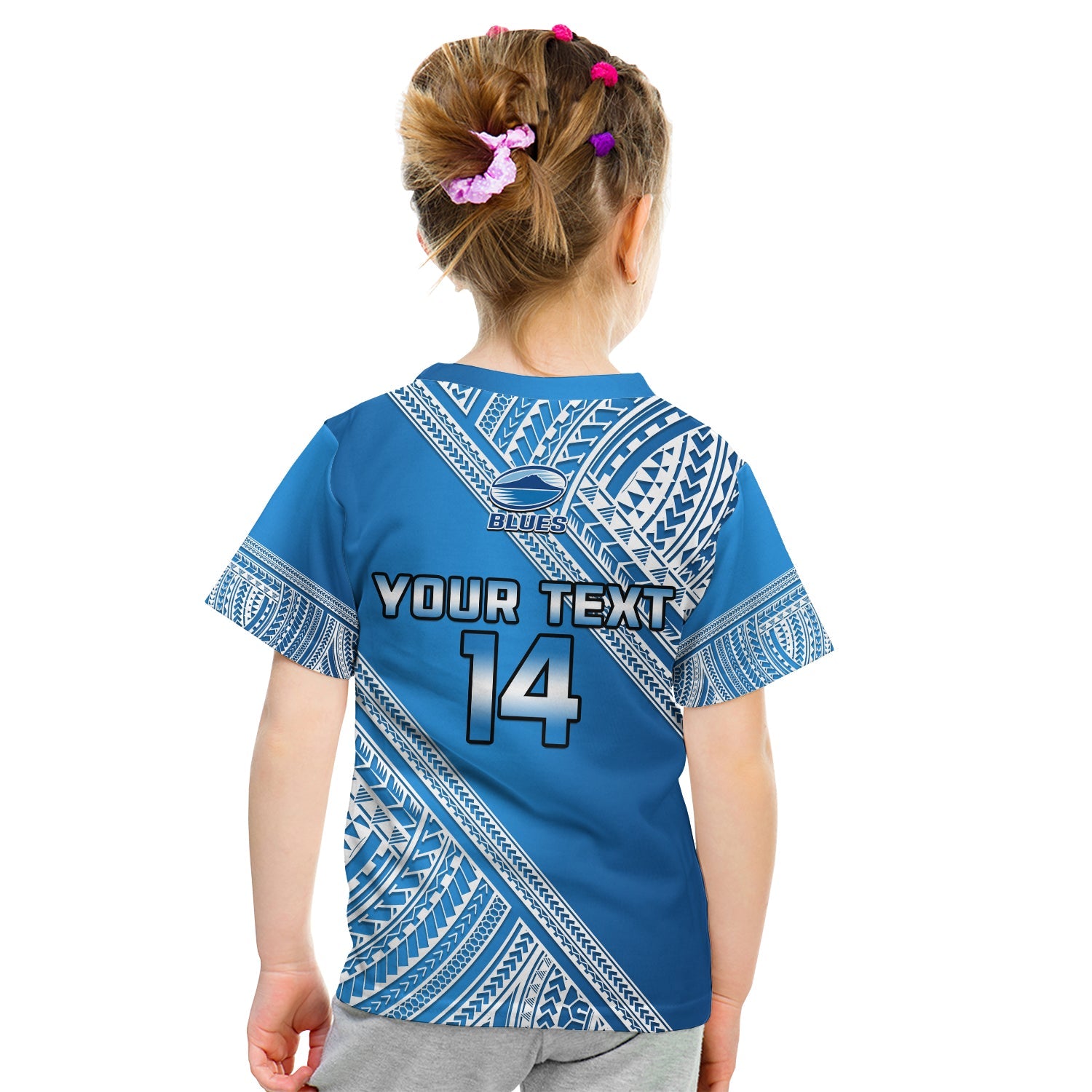 (Custom Text And Number) Blues Rugby T Shirt KID Aotearoa Super Auckland Polynesian Pattern - Vibe Hoodie Shop