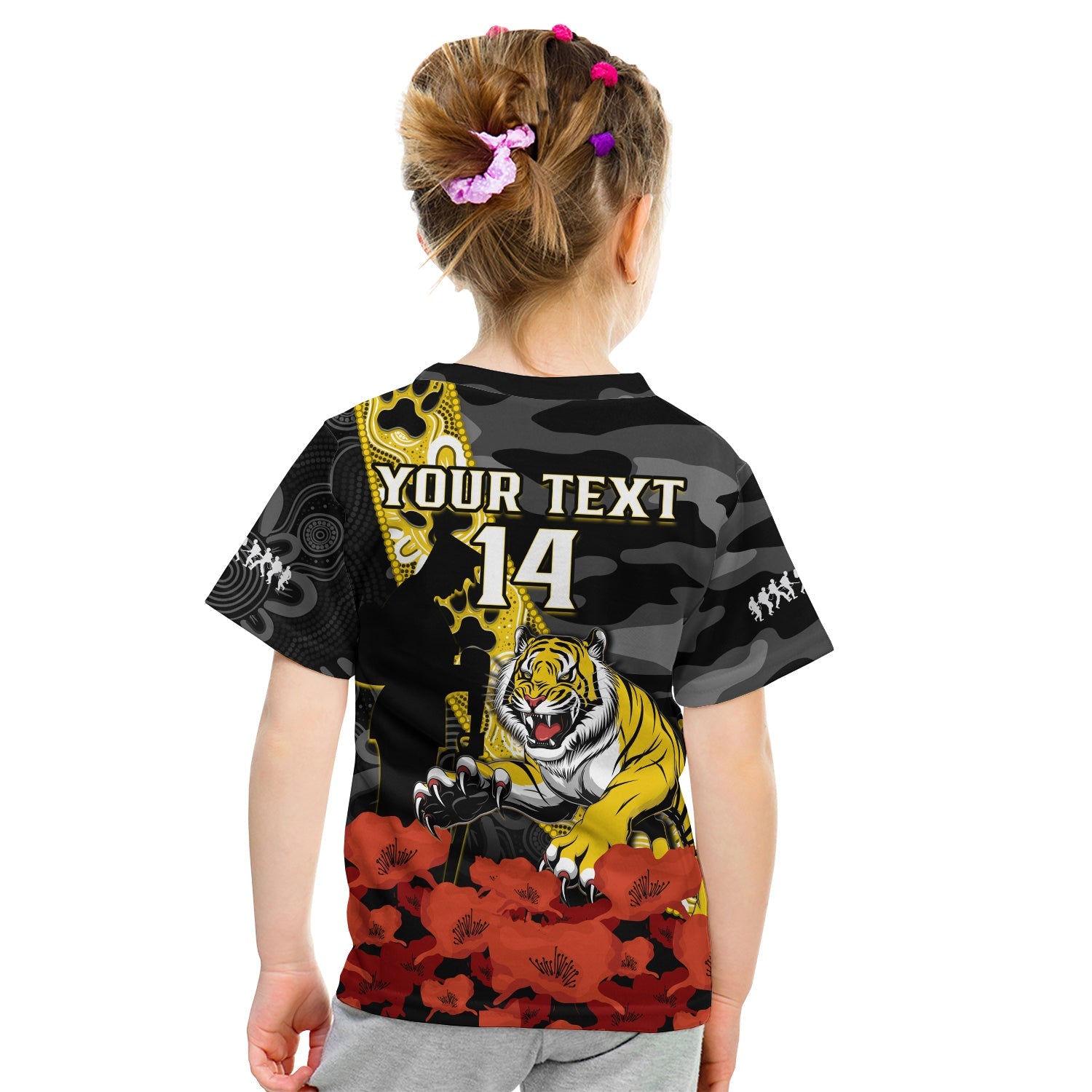 (Custom Text And Number) Richmond Football ANZAC 2023 T Shirt KID Tigers Aboriginal Mix Poppy Camouflage - Vibe Hoodie Shop