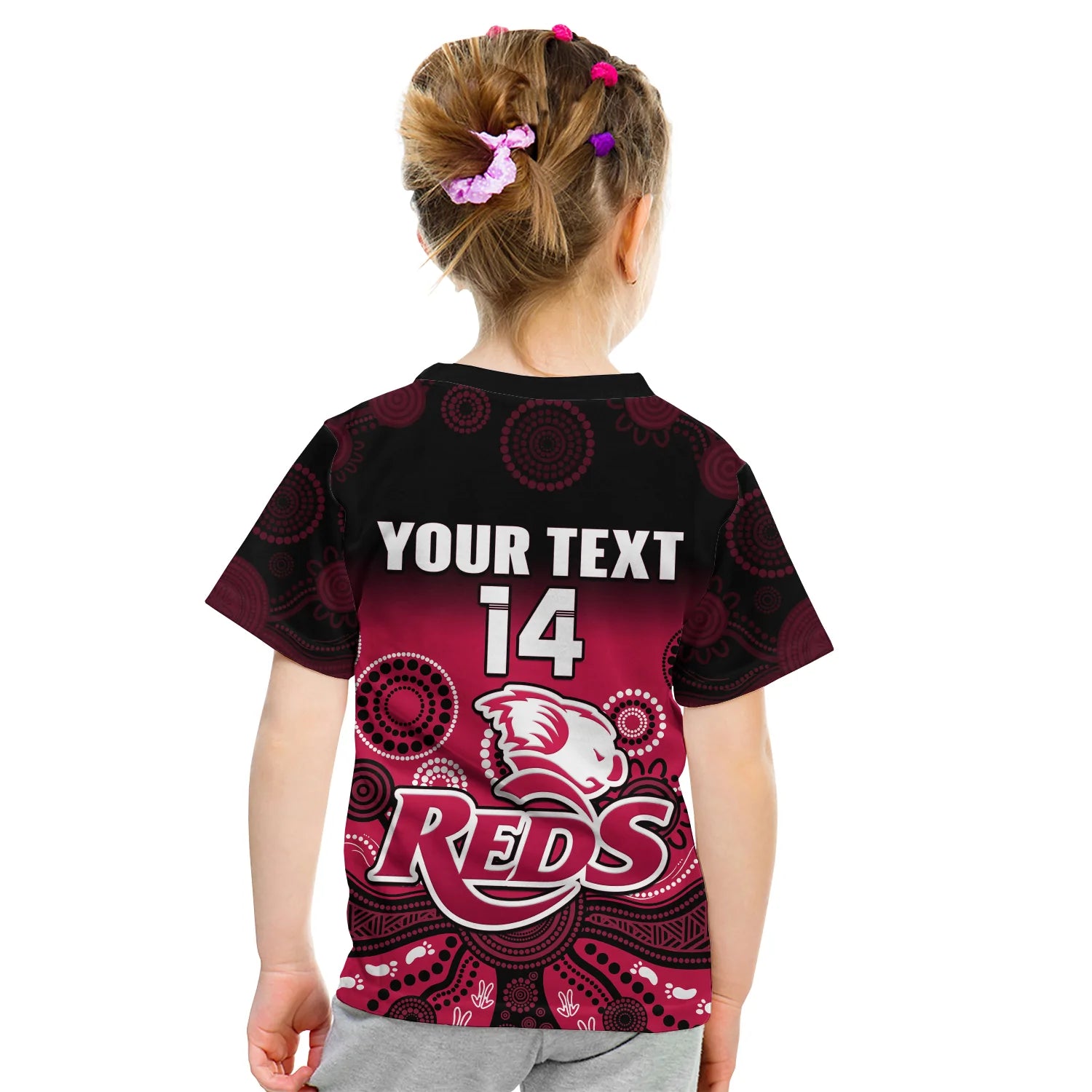 (Custom Text And Number) Queensland Reds Rugby T Shirt KID Gradient Aboriginal - Vibe Hoodie Shop