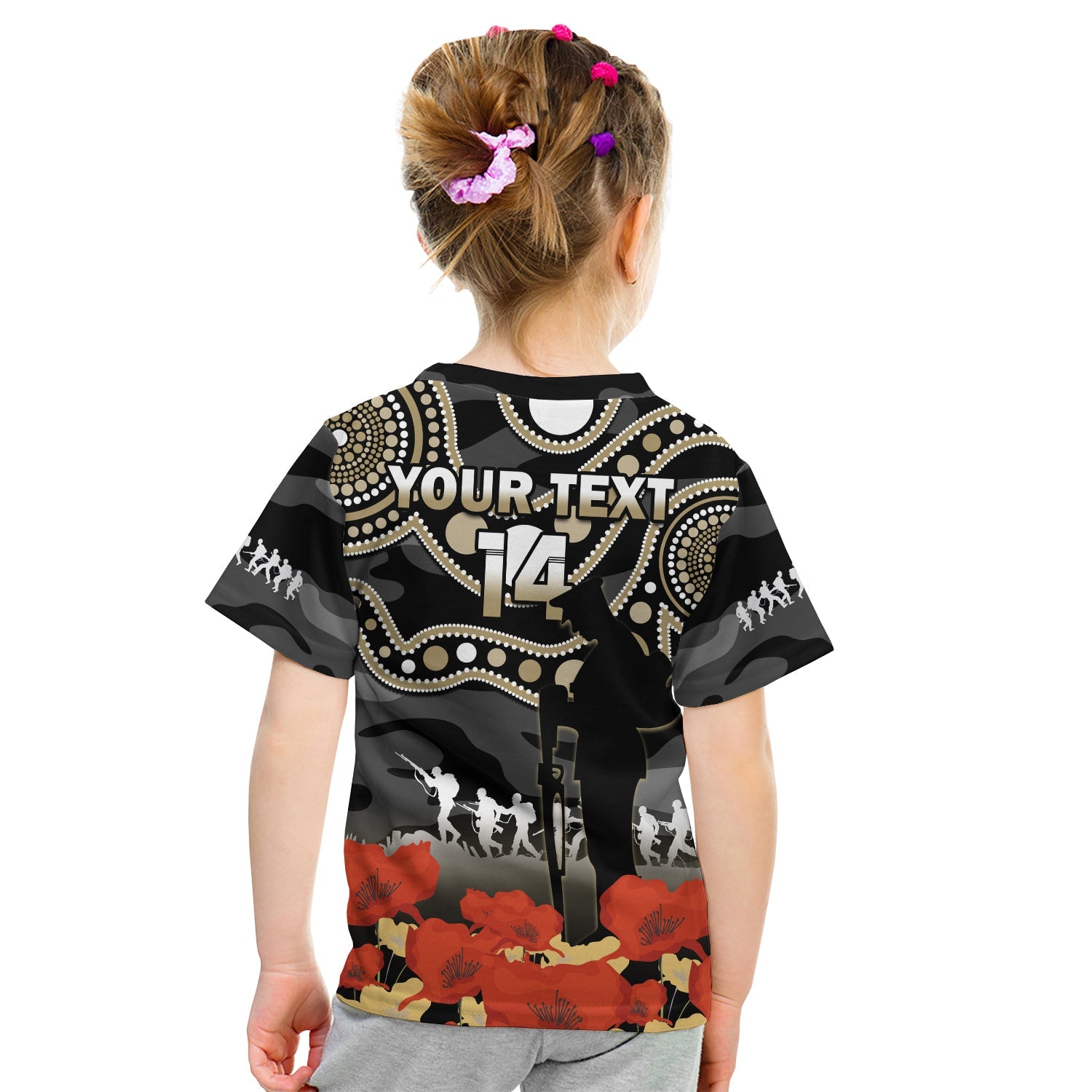 (Custom Text And Number) Collingwood Football ANZAC 2023 T Shirt KID Aboriginal Mix Poppy Camouflage - Vibe Hoodie Shop