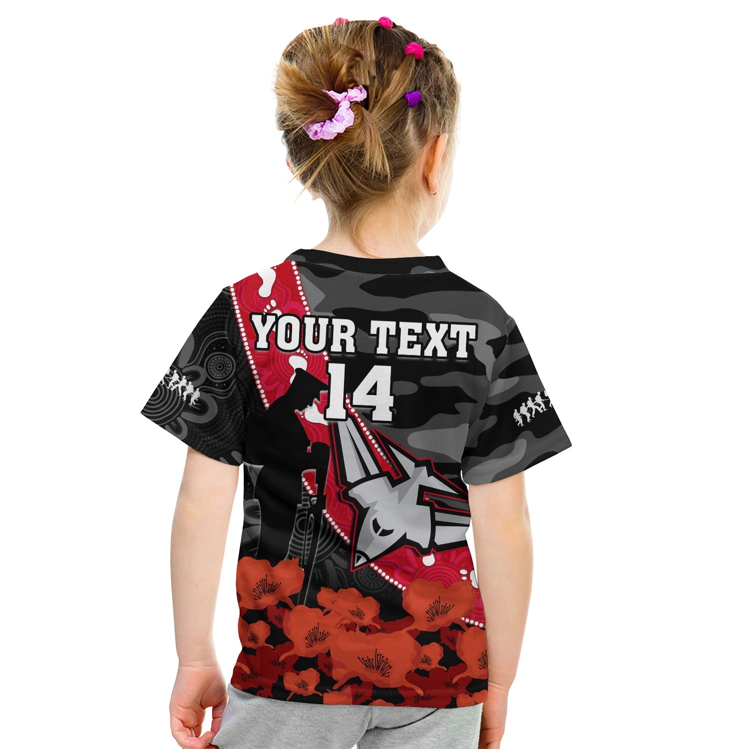 (Custom Text And Number) Essendon Football ANZAC 2023 T Shirt KID Bombers Aboriginal Mix Poppy Camouflage - Vibe Hoodie Shop