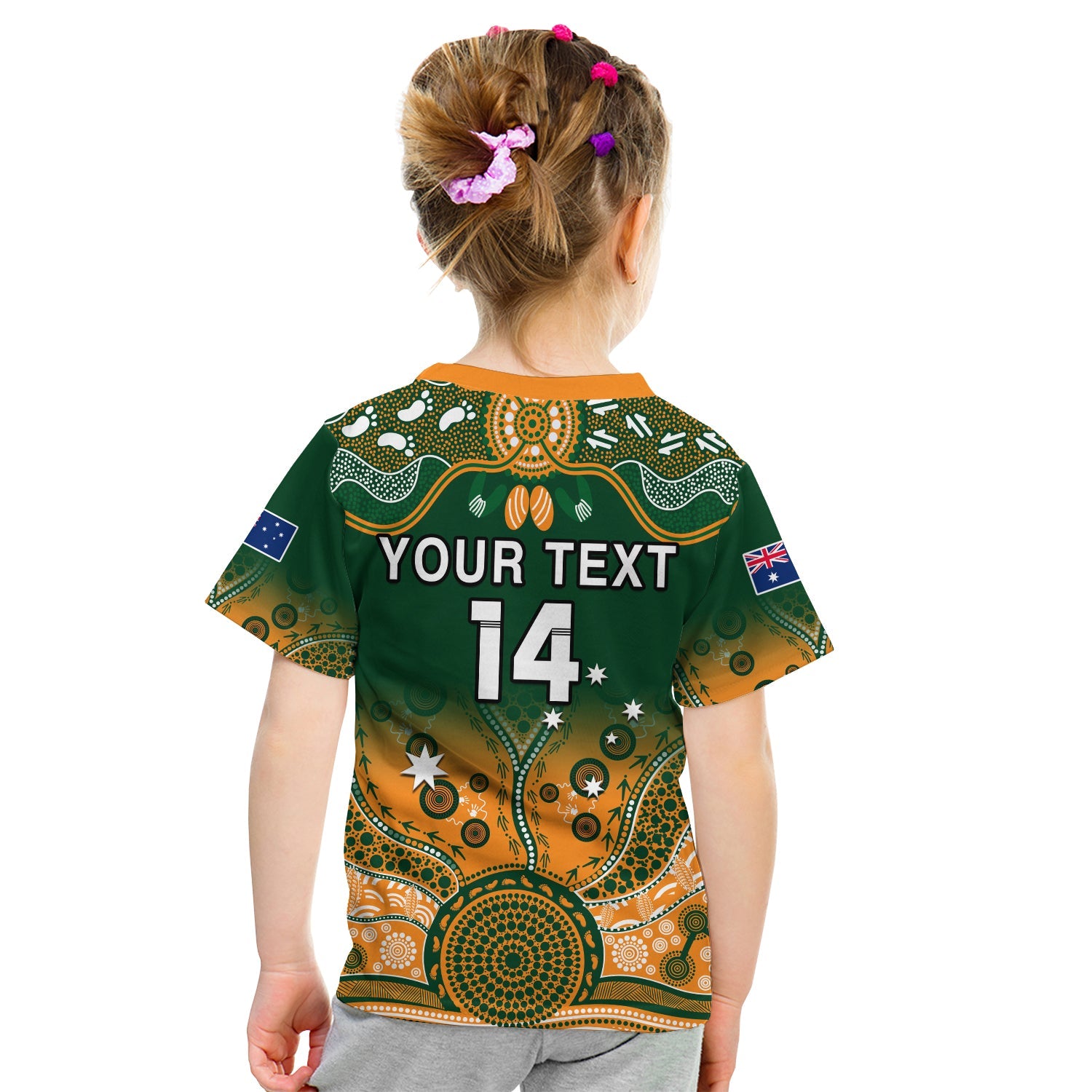 (Custom Text And Number) Australia Rugby T Shirt KID Aussie Sevens Green Indigenous - Vibe Hoodie Shop