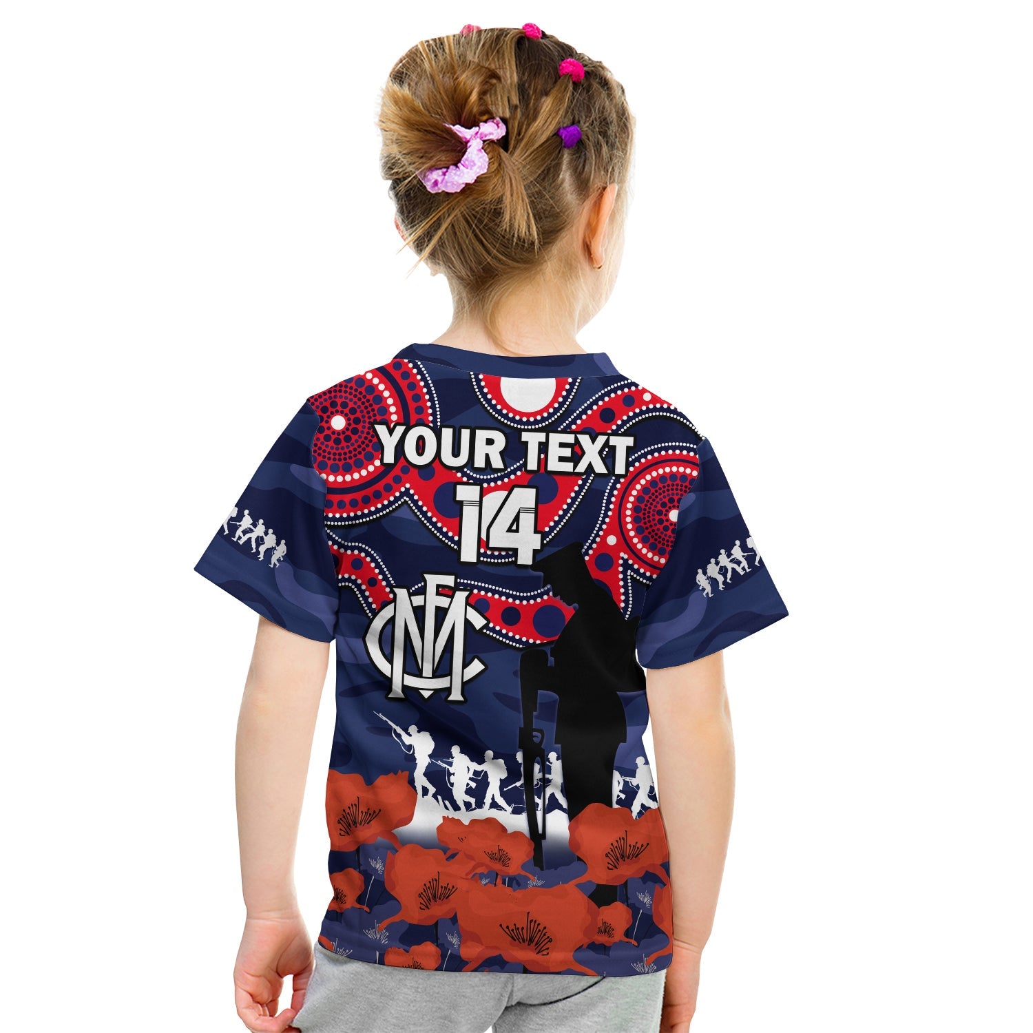 (Custom Text And Number) Melbourne Football ANZAC 2023 T Shirt KID Demons Aboriginal Mix Poppy Camouflage - Vibe Hoodie Shop