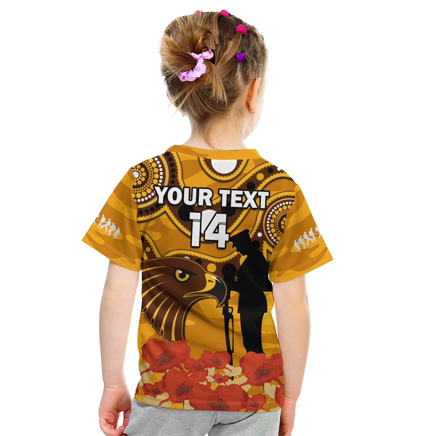 (Custom Text And Number) Hawks Football ANZAC 2023 T Shirt KID Indigenous Mix Poppy Camouflage - Vibe Hoodie Shop