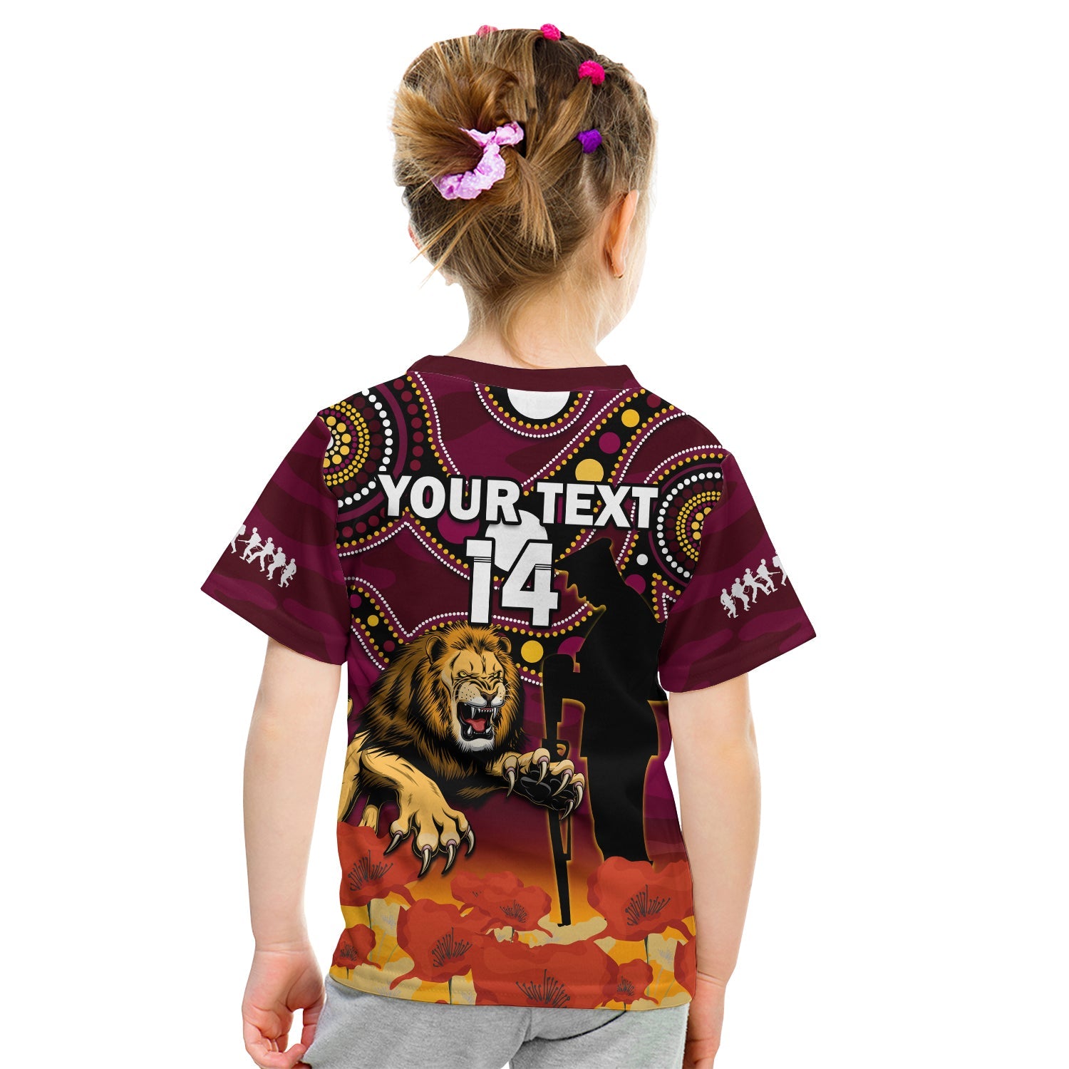 (Custom Text And Number) Brisbane Lions Football ANZAC 2023 T Shirt KID Aboriginal Mix Poppy Camouflage - Vibe Hoodie Shop