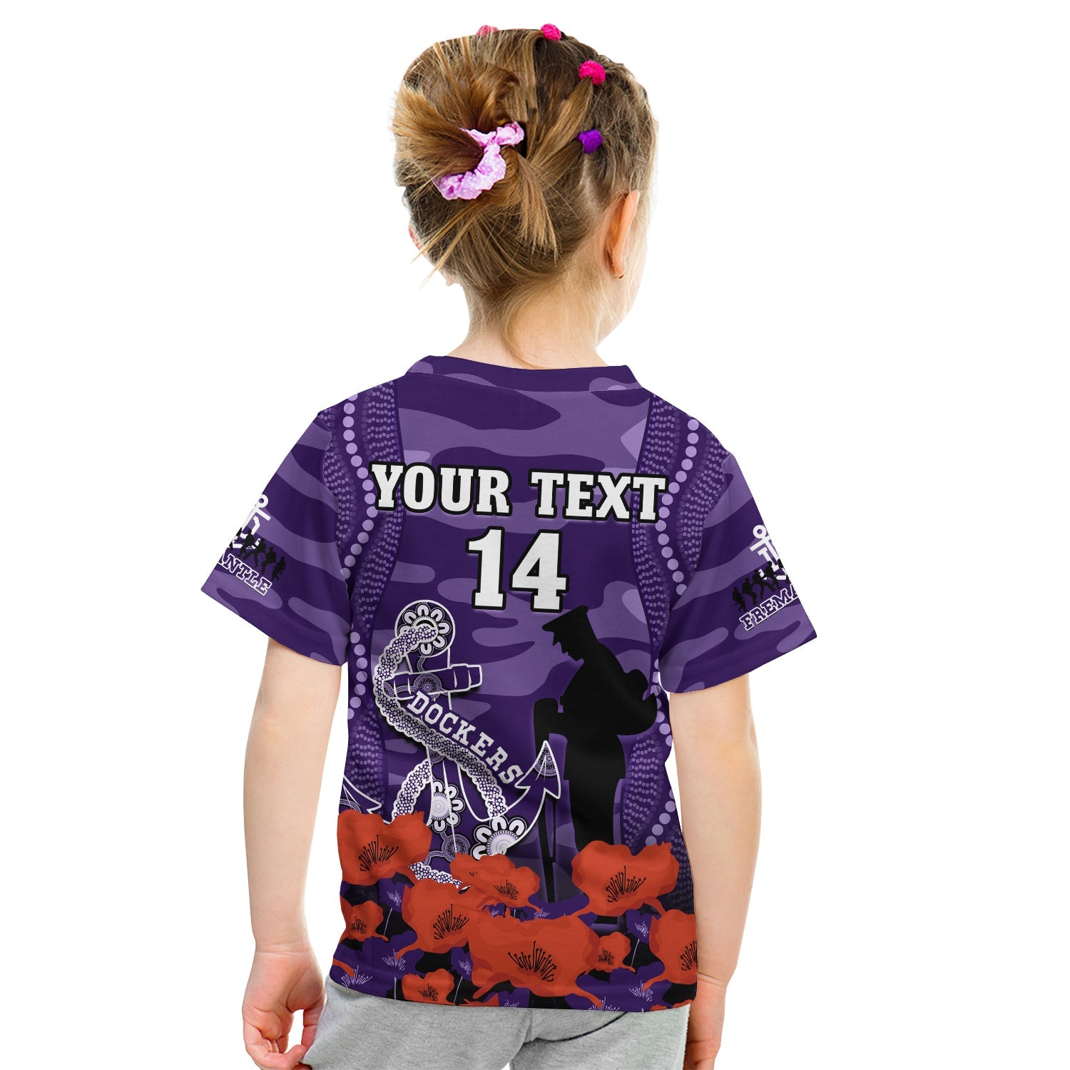 (Custom Text And Number) Dockers Football ANZAC 2023 T Shirt KID Aboriginal Mix Poppy Camouflage - Vibe Hoodie Shop