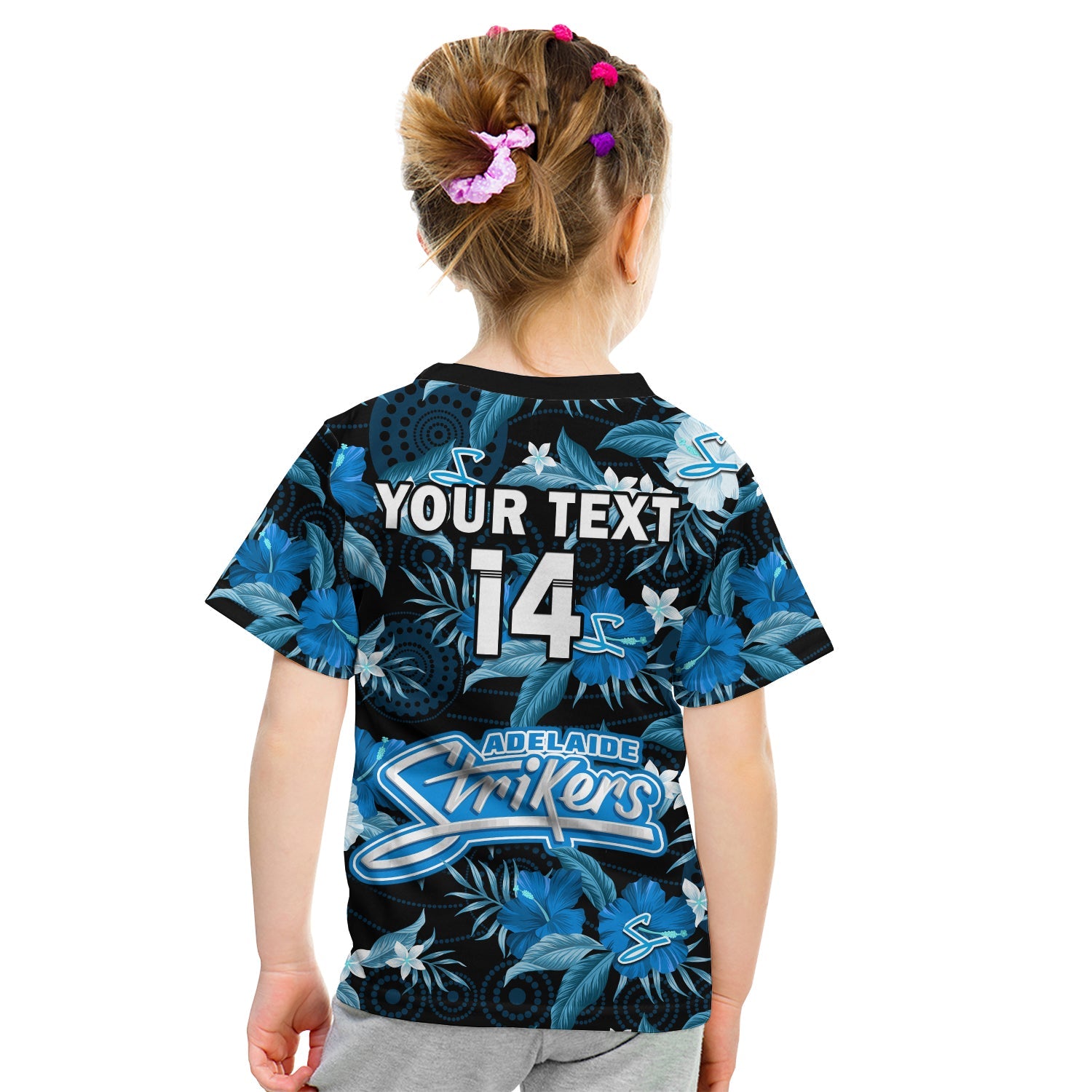 (Custom Text And Number) Adelaide Strikers Cricket T Shirt KID Aboriginal Art Mix Tropical Flowers - Vibe Hoodie Shop