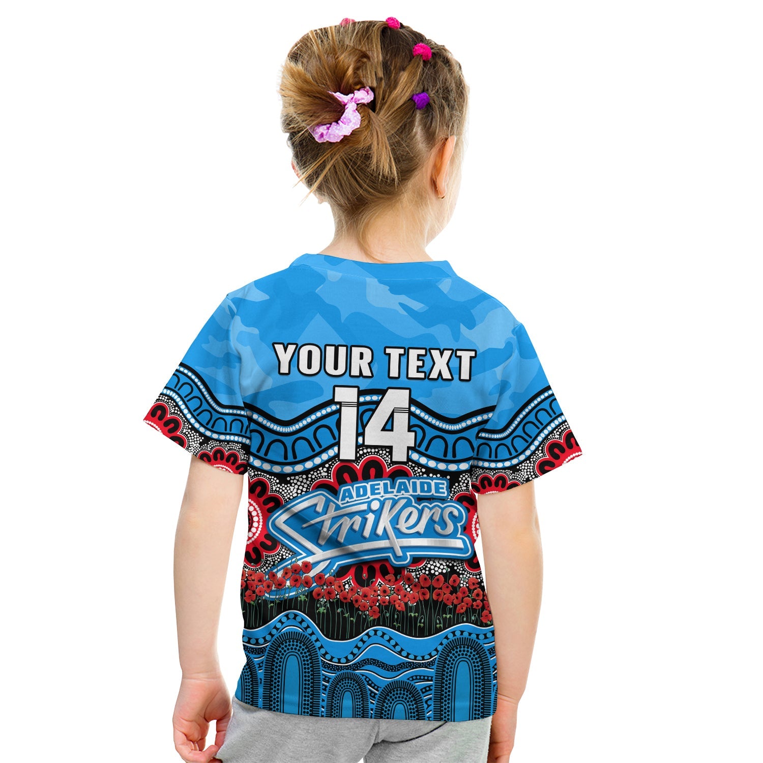 (Custom Text And Number) Adelaide Strikers Cricket ANZAC T Shirt KID Poppy Aboriginal Camouflage - Vibe Hoodie Shop