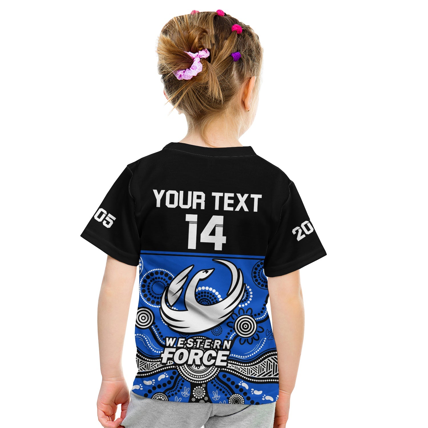 (Custom Text And Number) Western Force Super Rugby 2023 T Shirt KID Est 2005 Indigenous Art - Vibe Hoodie Shop