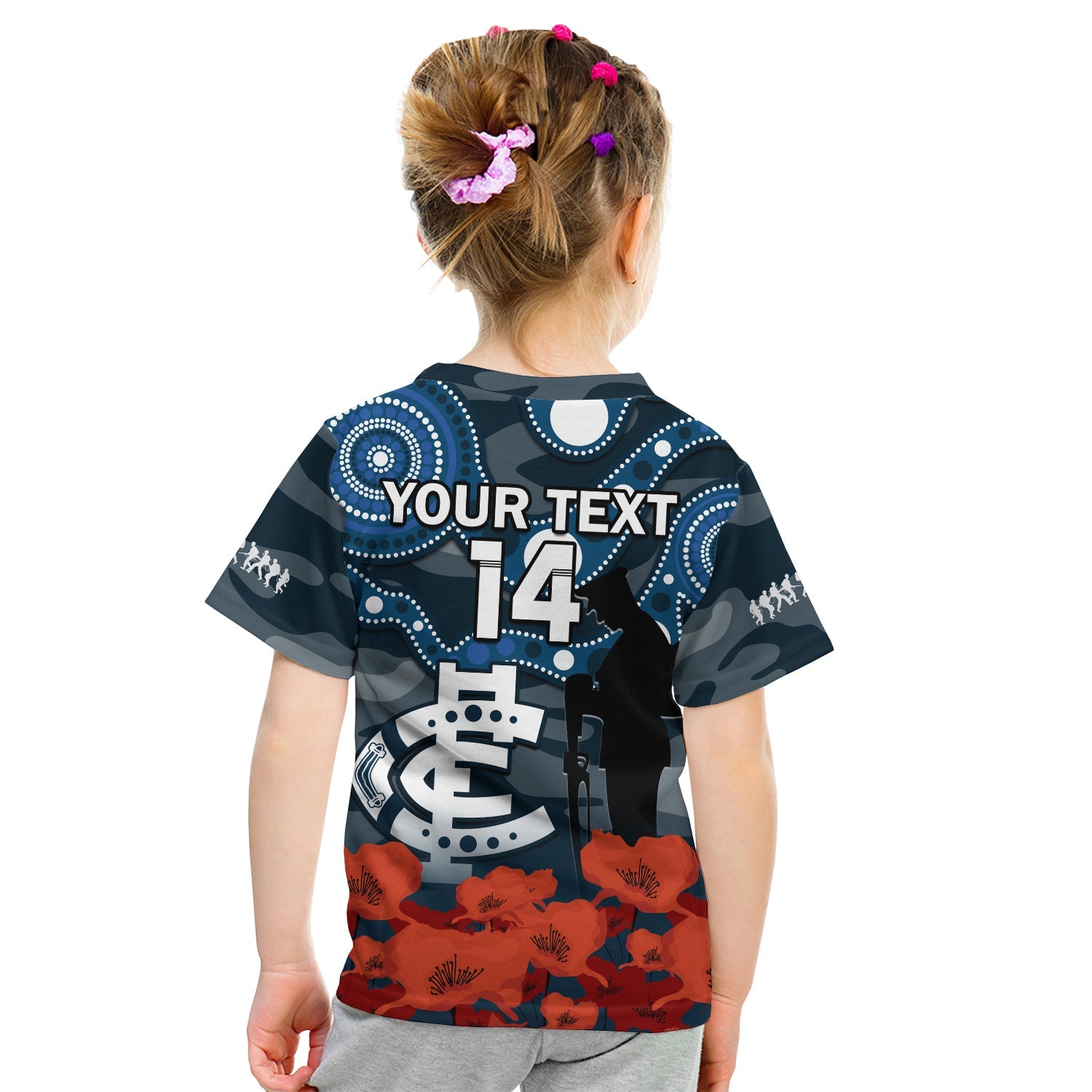 (Custom Text And Number) Carlton Football ANZAC 2023 T Shirt KID Blues Aboriginal Mix Poppy Camouflage - Vibe Hoodie Shop