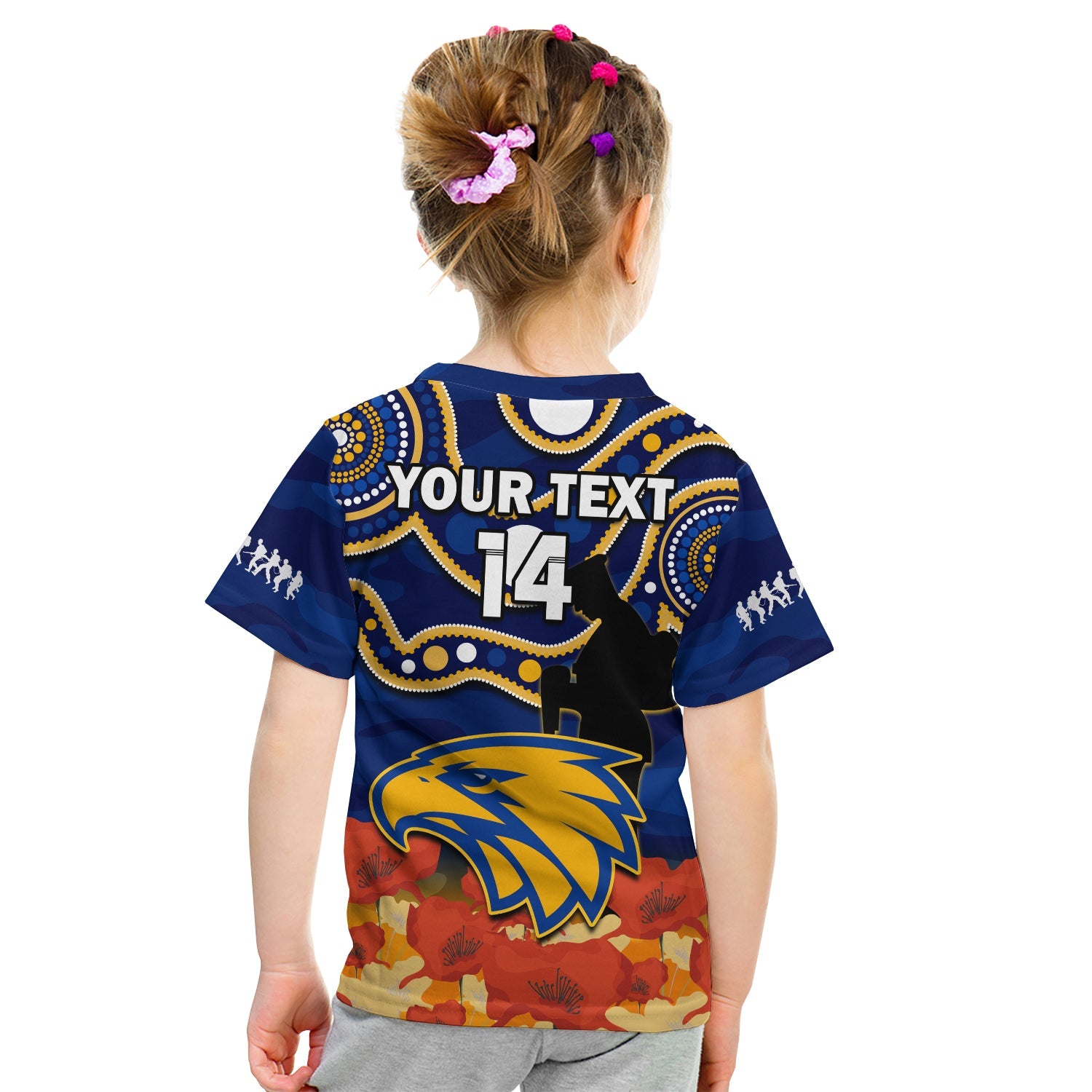 (Custom Text And Number) Eagles Football ANZAC 2023 T Shirt KID West Coast Indigenous Mix Poppy Camouflage - Vibe Hoodie Shop