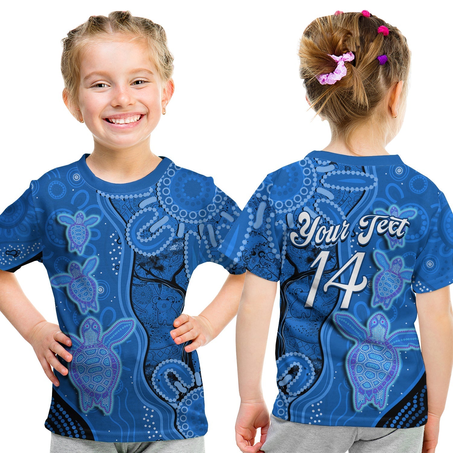 (Custom Text And Number) Australian Aboriginal Art T shirt KID Aussie Turtle Blue Version - Vibe Hoodie Shop