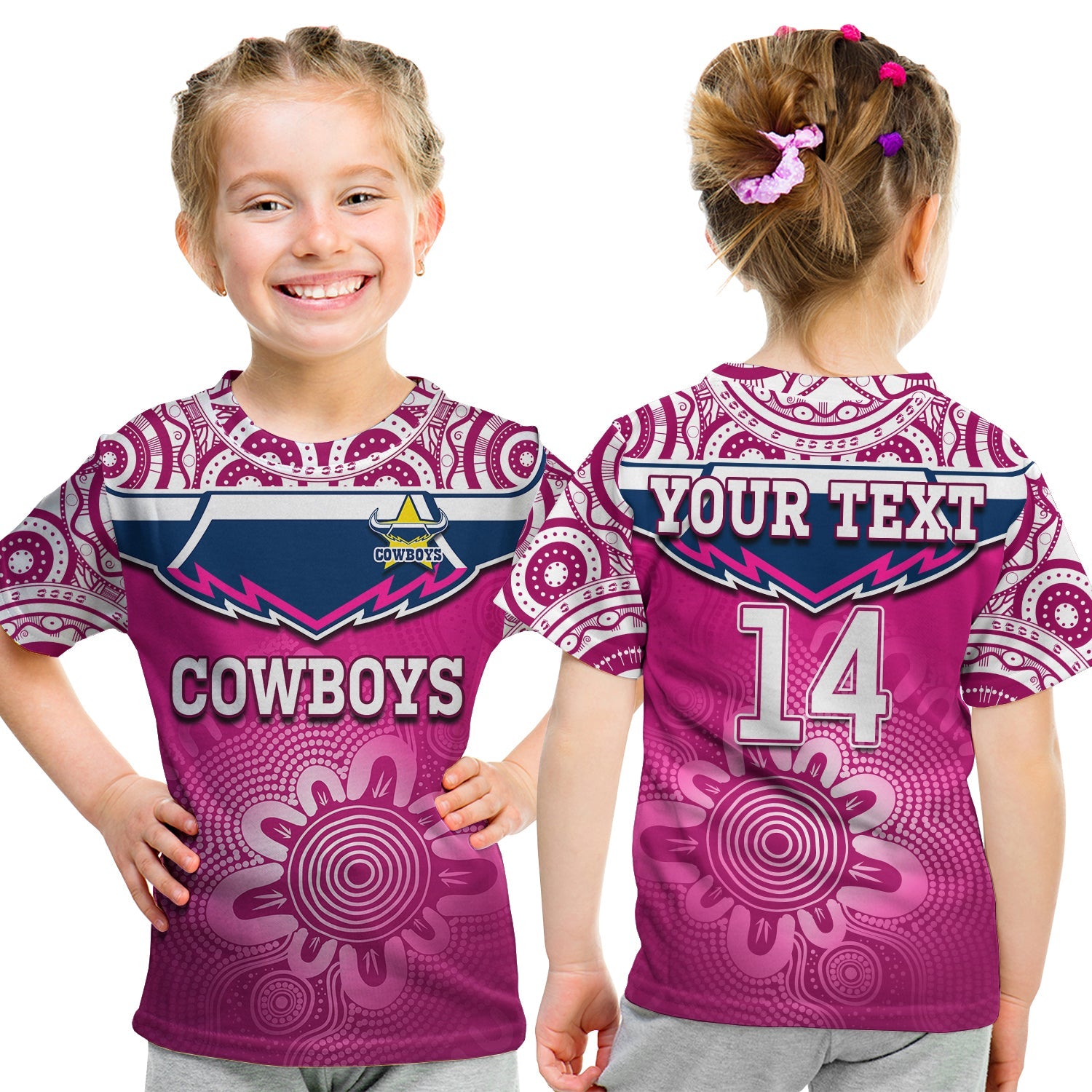 (Custom Text And Number) Cowboys Rugby T Shirt KID Aboriginal Pattern Pink Version - Vibe Hoodie Shop