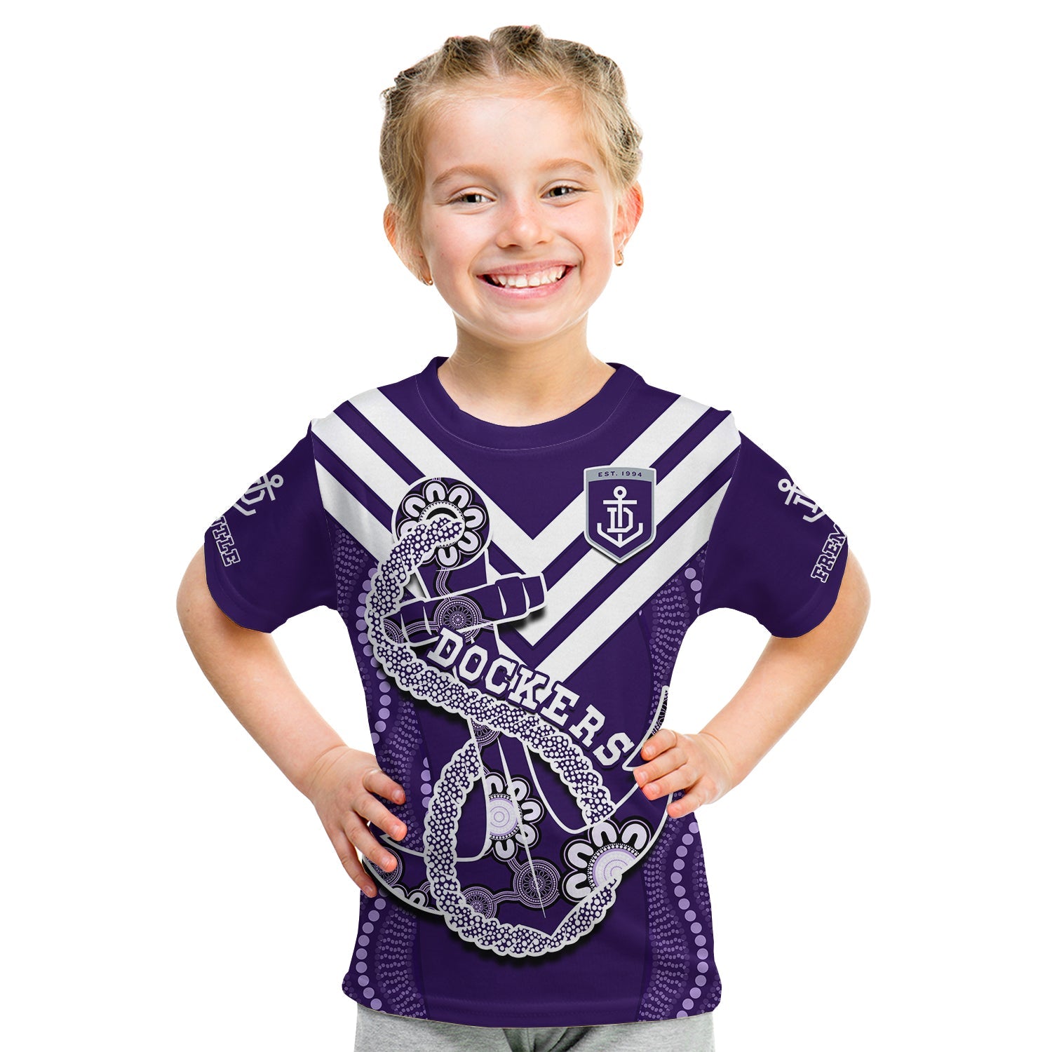 (Custom Text And Number) Dockers Football T Shirt KID Fremantle Anchor Mix Aboriginal Pattern Dynamic Style - Vibe Hoodie Shop