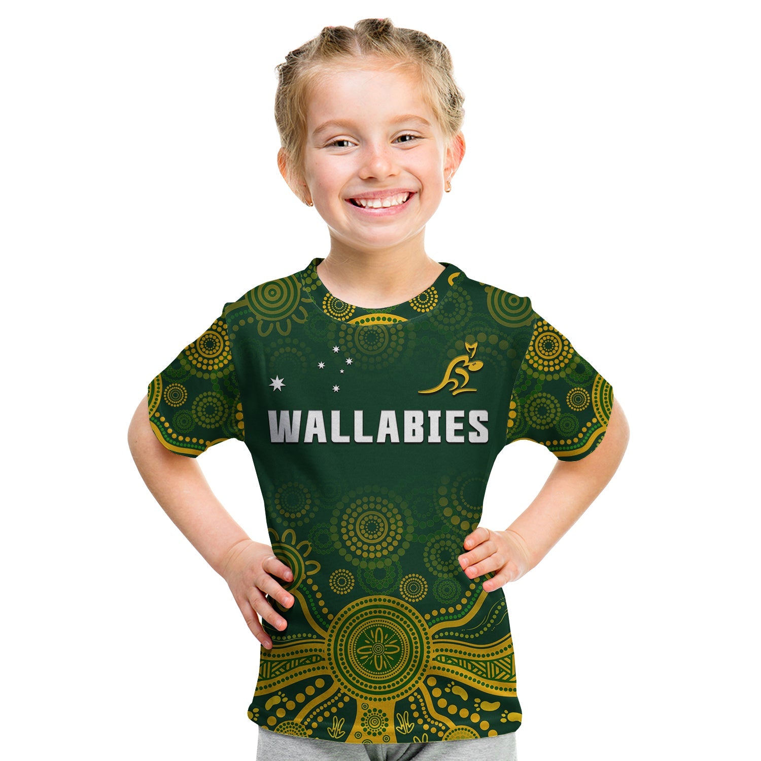 (Custom Text And Number) Australia 2022 Rugby T Shirt KID Wallabies Aboriginal Style - Vibe Hoodie Shop