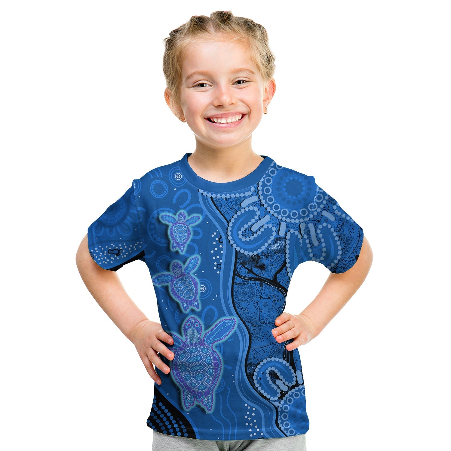 (Custom Text And Number) Australian Aboriginal Art T shirt KID Aussie Turtle Blue Version - Vibe Hoodie Shop