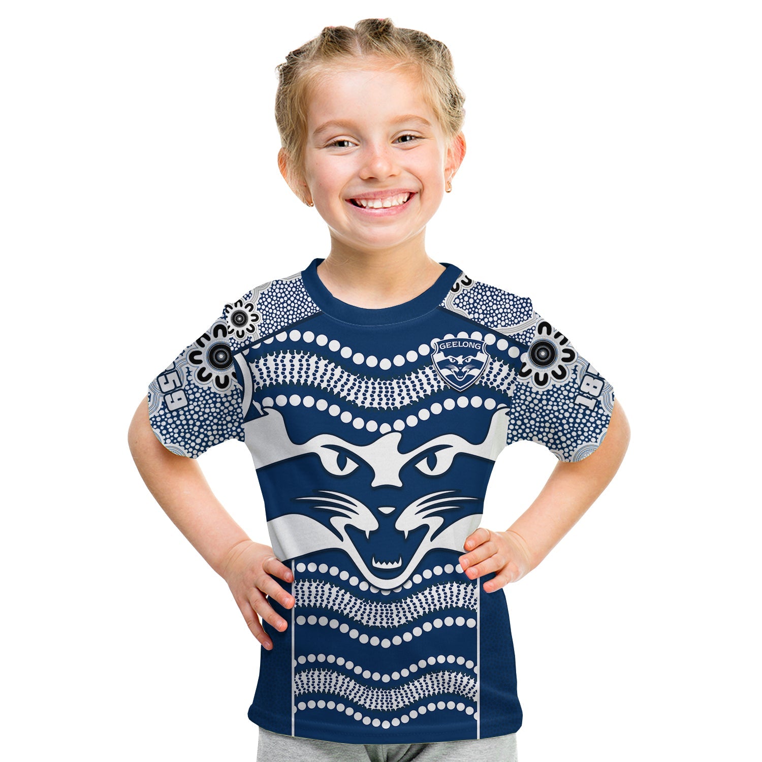 (Custom Text And Number) Cats Football T Shirt KID Geelong 1859 Indigenous Sporty Version - Vibe Hoodie Shop