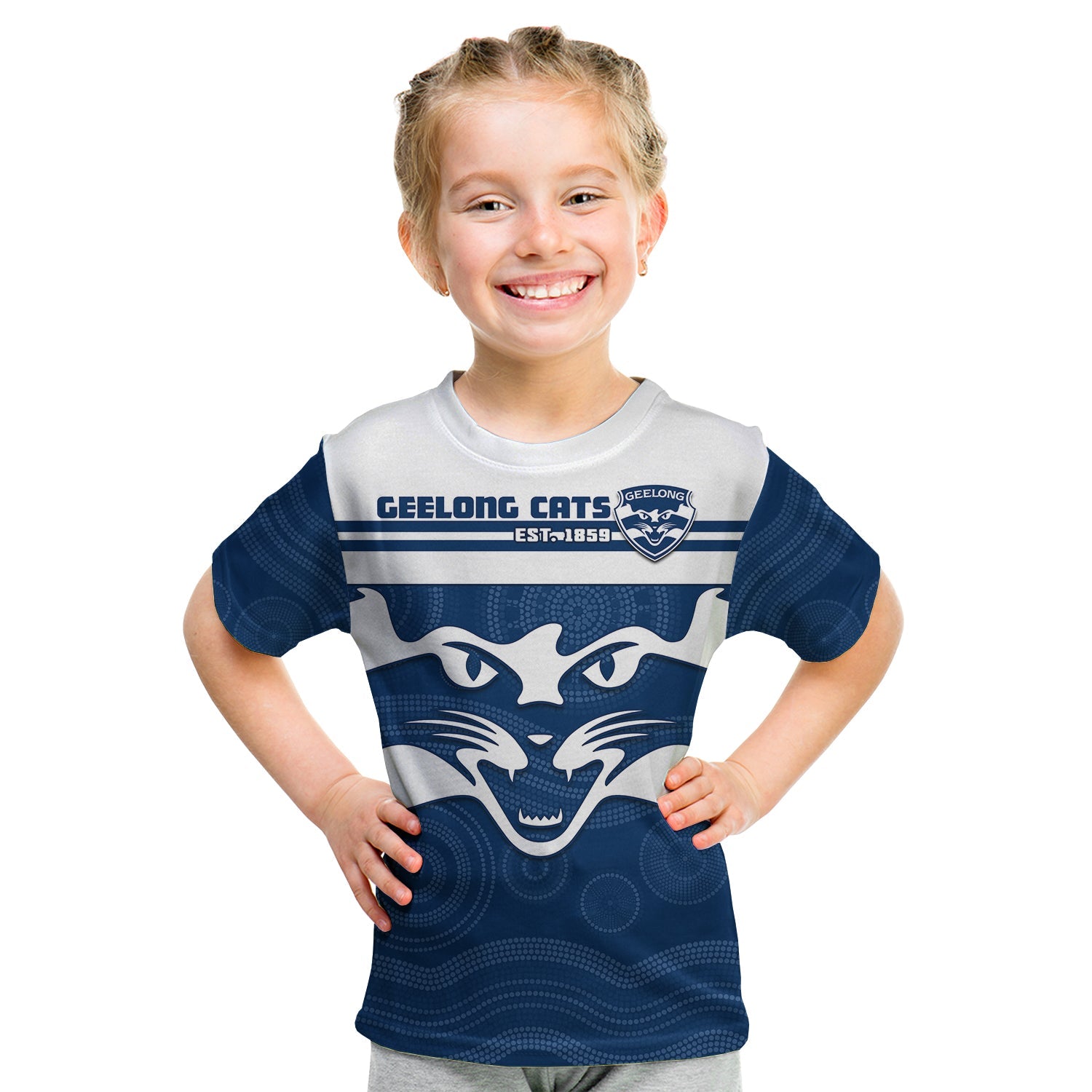 (Custom Text And Number) Cats Football T Shirt KID Geelong Est 1859 Aboriginal Art - Vibe Hoodie Shop