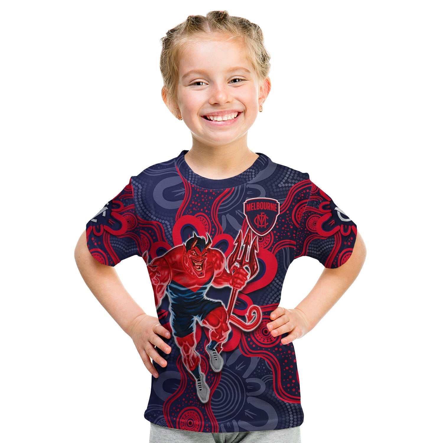 (Custom Text And Number) Demons Football 2022 T Shirt KID Australian Aboriginal Dot Painting - Vibe Hoodie Shop