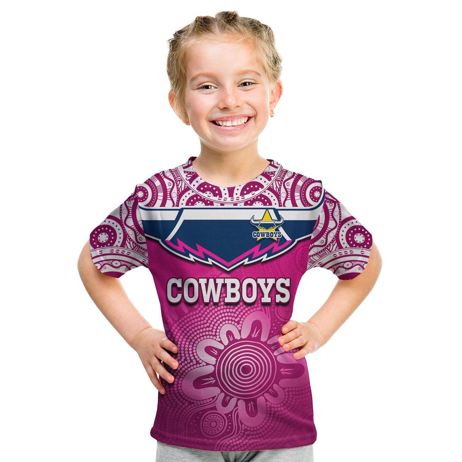 (Custom Text And Number) Cowboys Rugby T Shirt KID Aboriginal Pattern Pink Version - Vibe Hoodie Shop