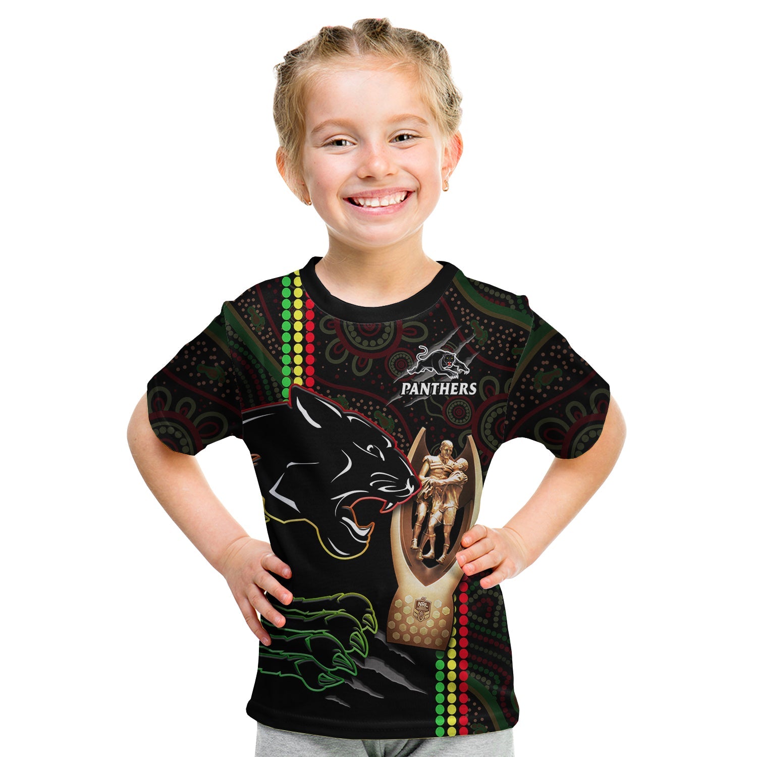 (Custom Text And Number) Panthers Rugby T Shirt KID The Riff 2022 Premiers Aboriginal Art - Vibe Hoodie Shop