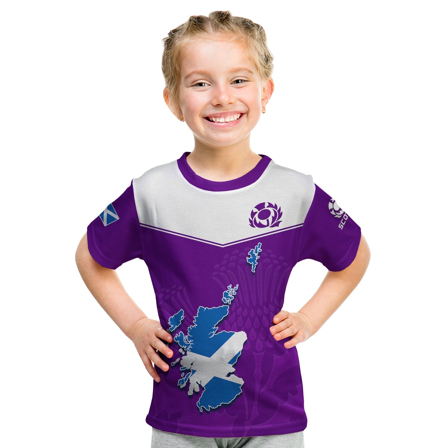 (Custom Personalised) Scottish Rugby T shirt KID Map Of Scotland Thistle Purple Version - Vibe Hoodie Shop