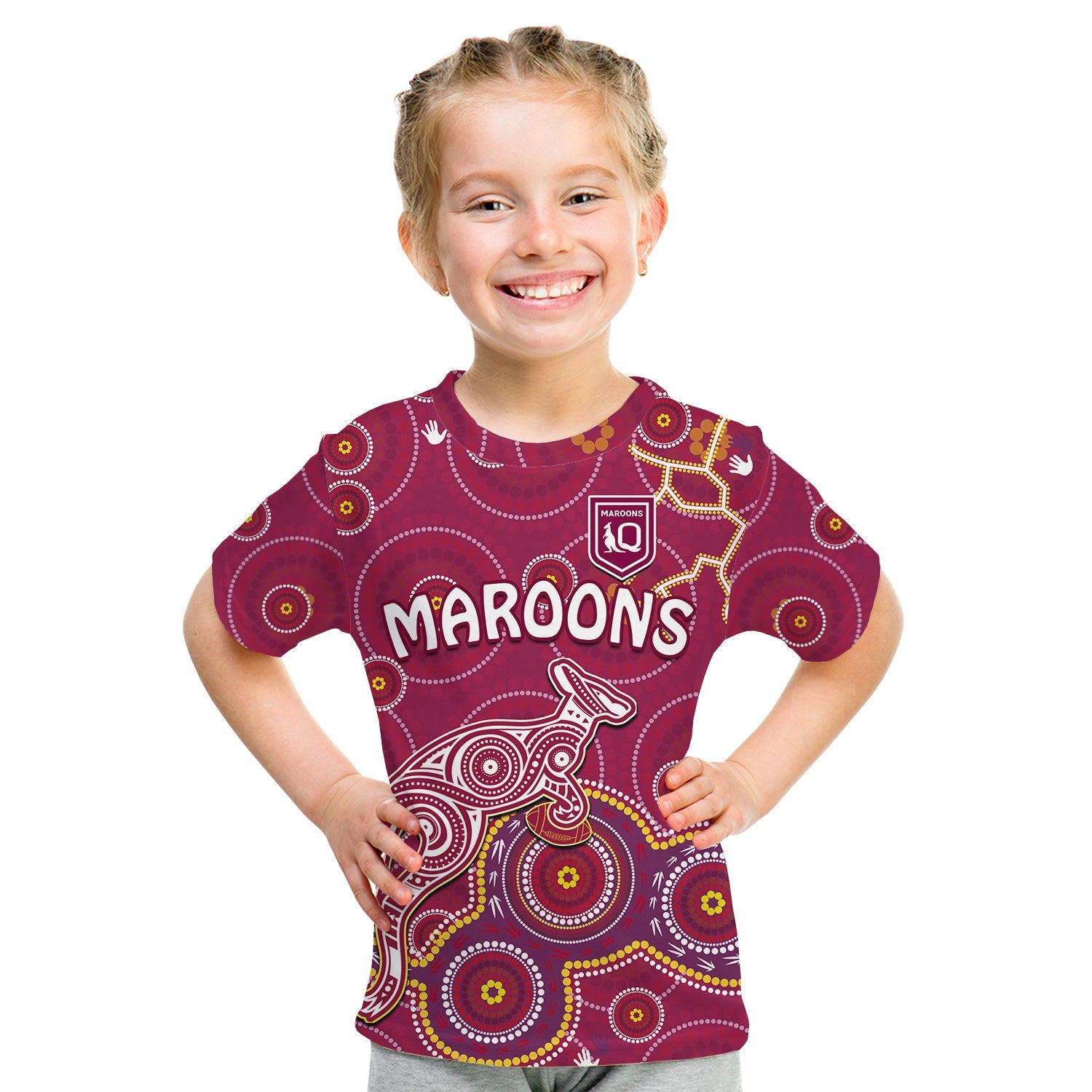 (Custom Text And Number) Maroons Rugby T Shirt KID Kangaroo Indigenous Pattern Unique Version - Vibe Hoodie Shop