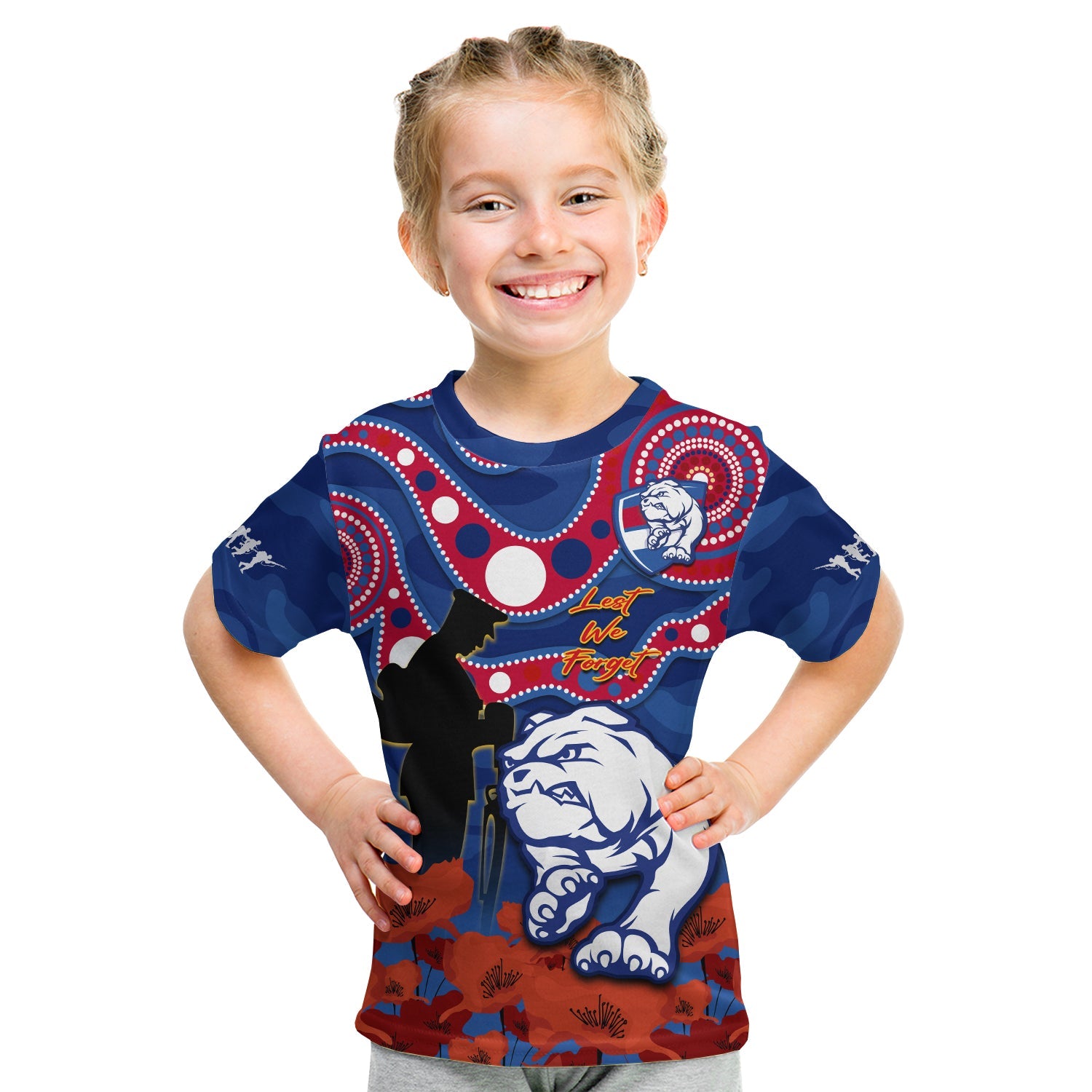 (Custom Text And Number) Western Bulldogs Football ANZAC 2023 T Shirt KID Doggies Aboriginal Mix Poppy Camouflage - Vibe Hoodie Shop