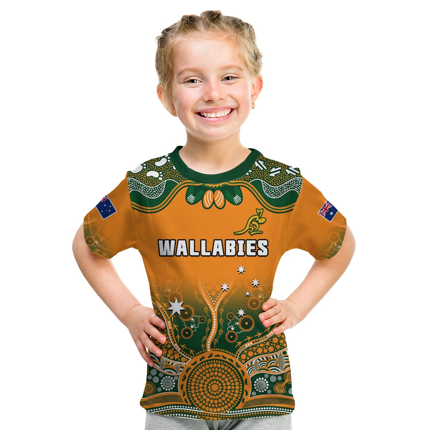 (Custom Text And Number) Australia Rugby T Shirt KID Wallabies Kangaroo Orange Aboriginal - Vibe Hoodie Shop