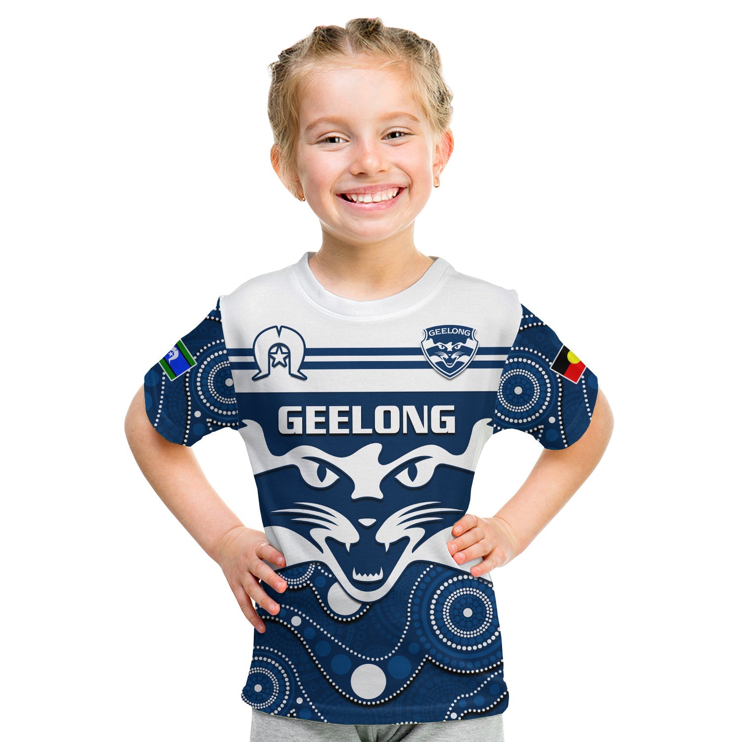 (Custom Text And Number) Geelong Football NAIDOC 2023 T Shirt KID Cats For Our Elders Indigenous Art - Vibe Hoodie Shop