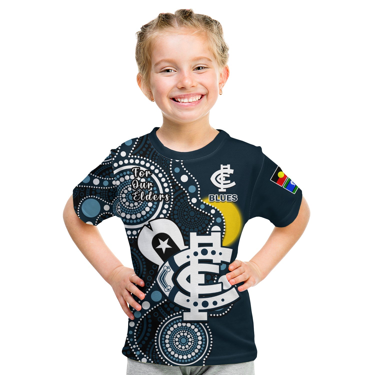 (Custom Text And Number) Carlton Football NAIDOC 2023 T Shirt KID Blues For Our Elders Indigenous Art - Vibe Hoodie Shop