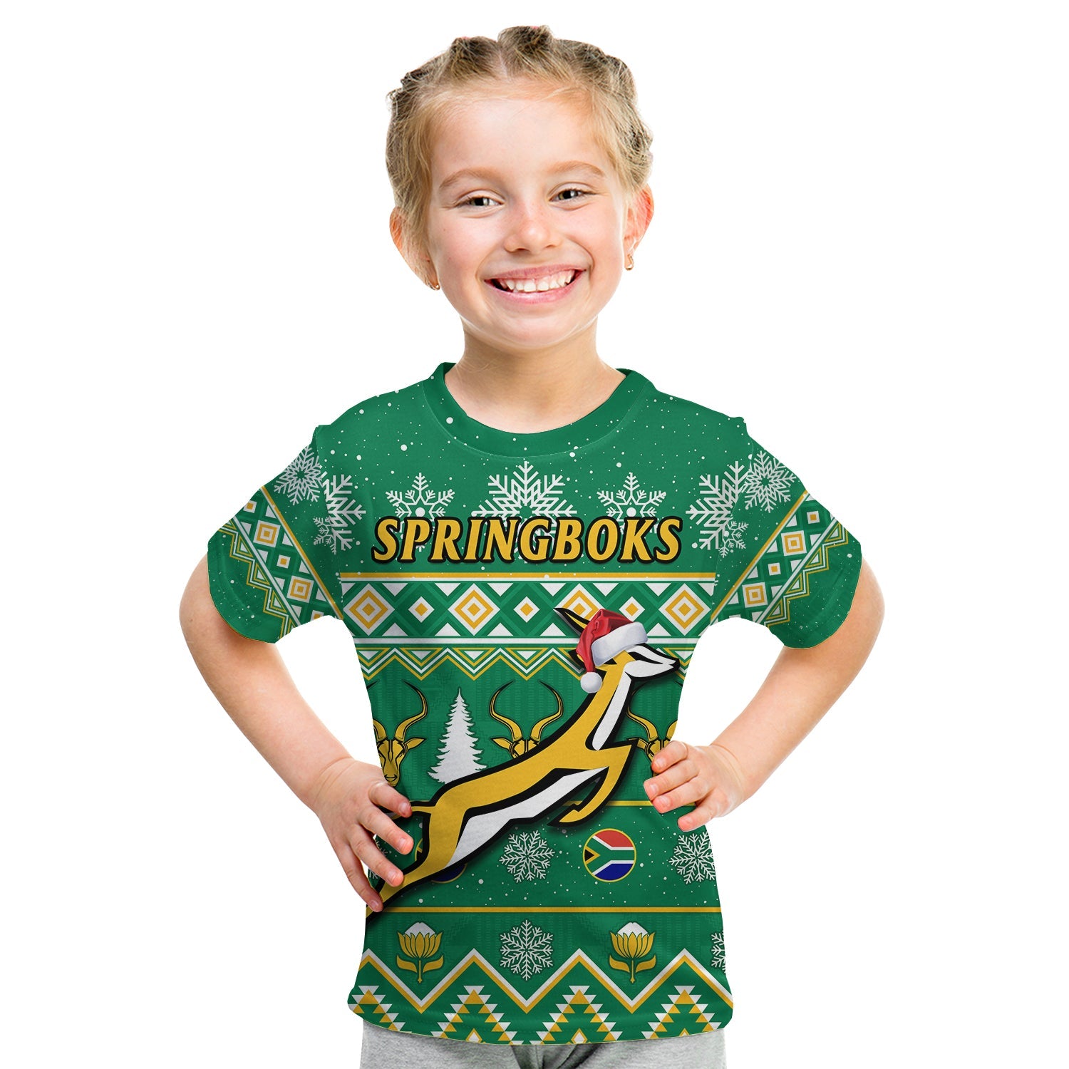 (Custom Personalised) South Africa Rugby Christmas T Shirt KID Springboks Geseende Kersfees - Vibe Hoodie Shop