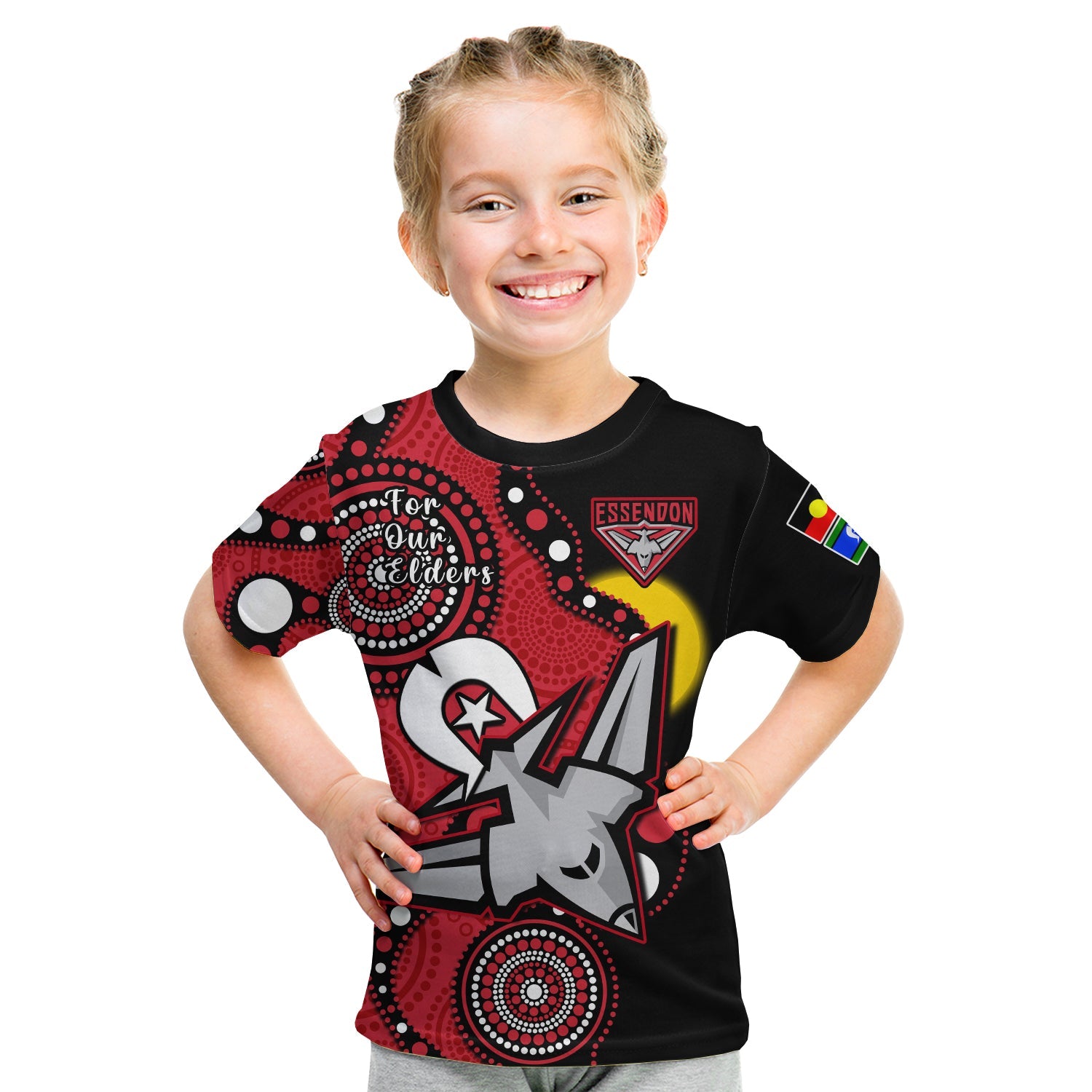 (Custom Text And Number) Essendon Football NAIDOC 2023 T Shirt KID Bombers For Our Elders Indigenous Art - Vibe Hoodie Shop