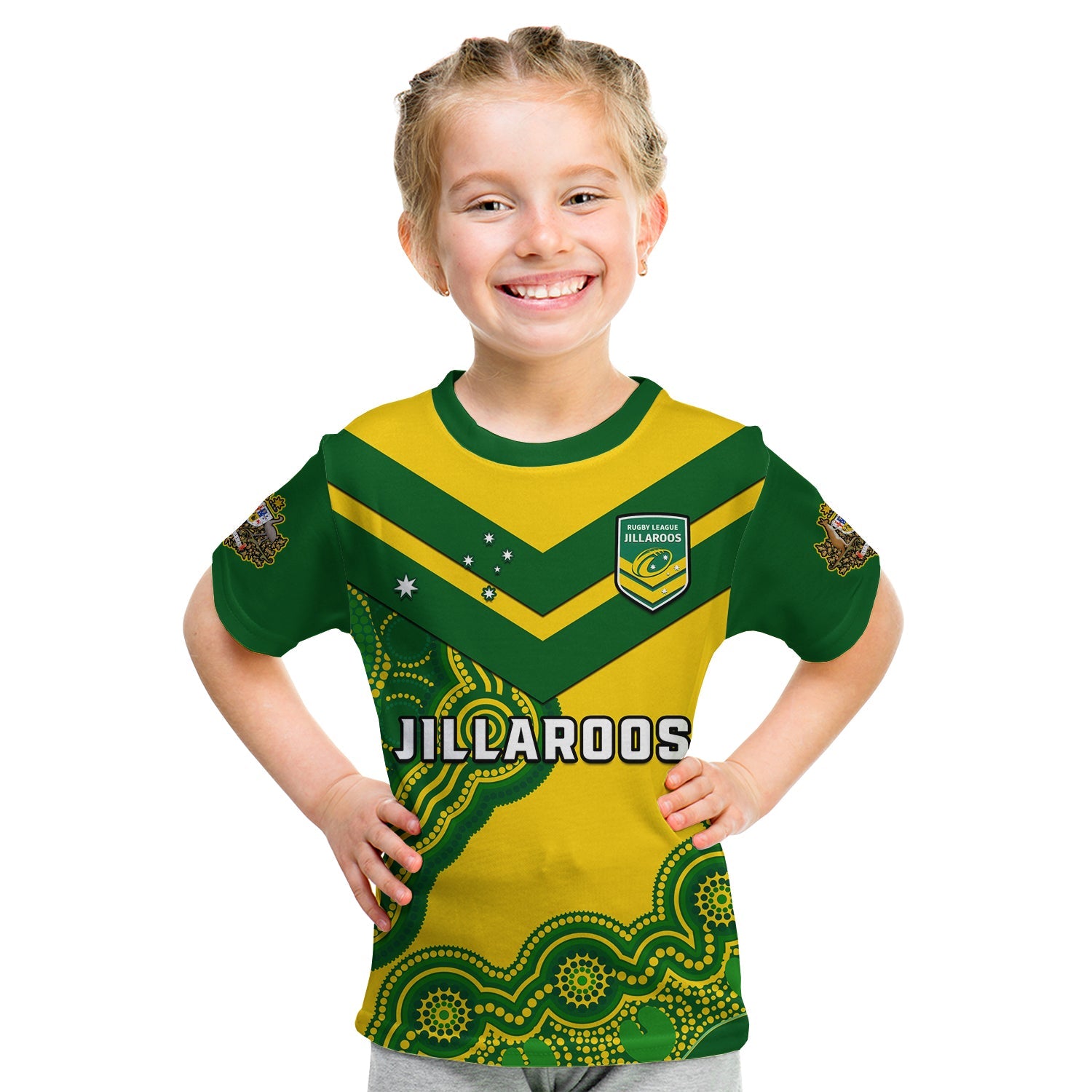 (Custom Text And Number) Australia Rugby T Shirt KID Jillaroos Champions Indigenous Yellow Style - Vibe Hoodie Shop