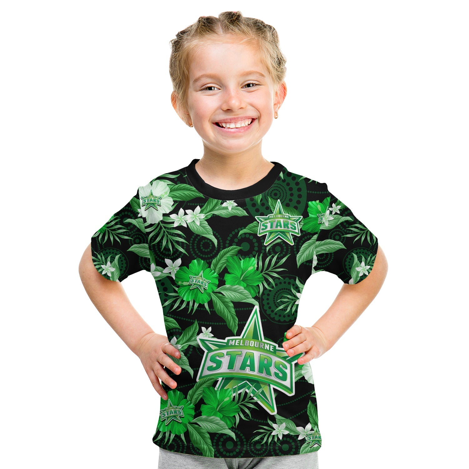 (Custom Text And Number) Melbourne Stars Cricket T Shirt KID Aboriginal Art Mix Tropical Flowers - Vibe Hoodie Shop