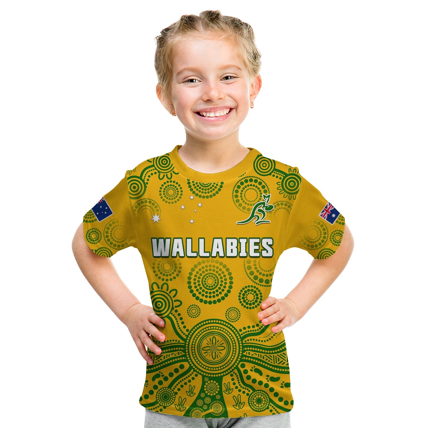 (Custom Text And Number) Australia 2022 Rugby T Shirt KID Wallabies Aboriginal Yellow Style - Vibe Hoodie Shop