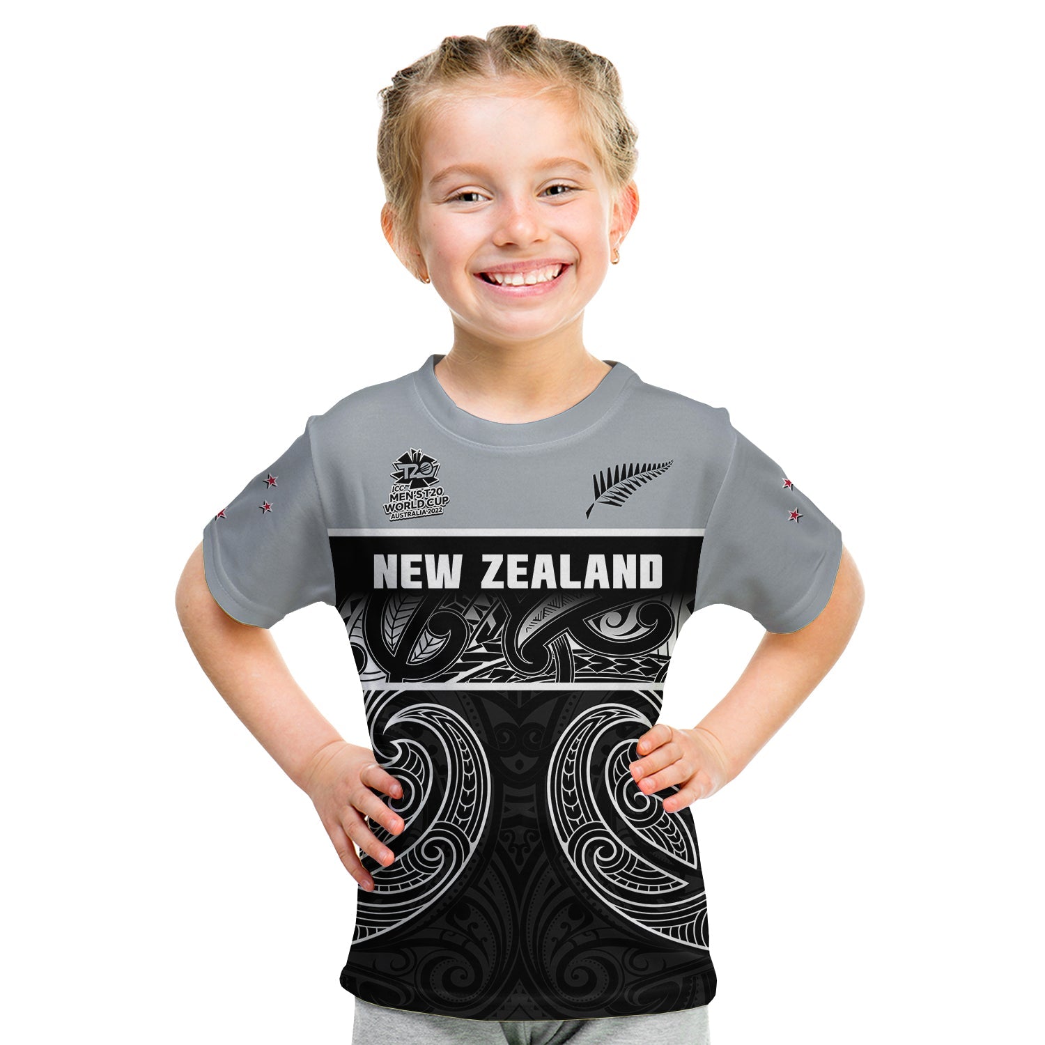 (Custom Text And Number) New Zealand Cricket T Shirt KID Black Cap 2022 Mens T20 World Cup - Vibe Hoodie Shop