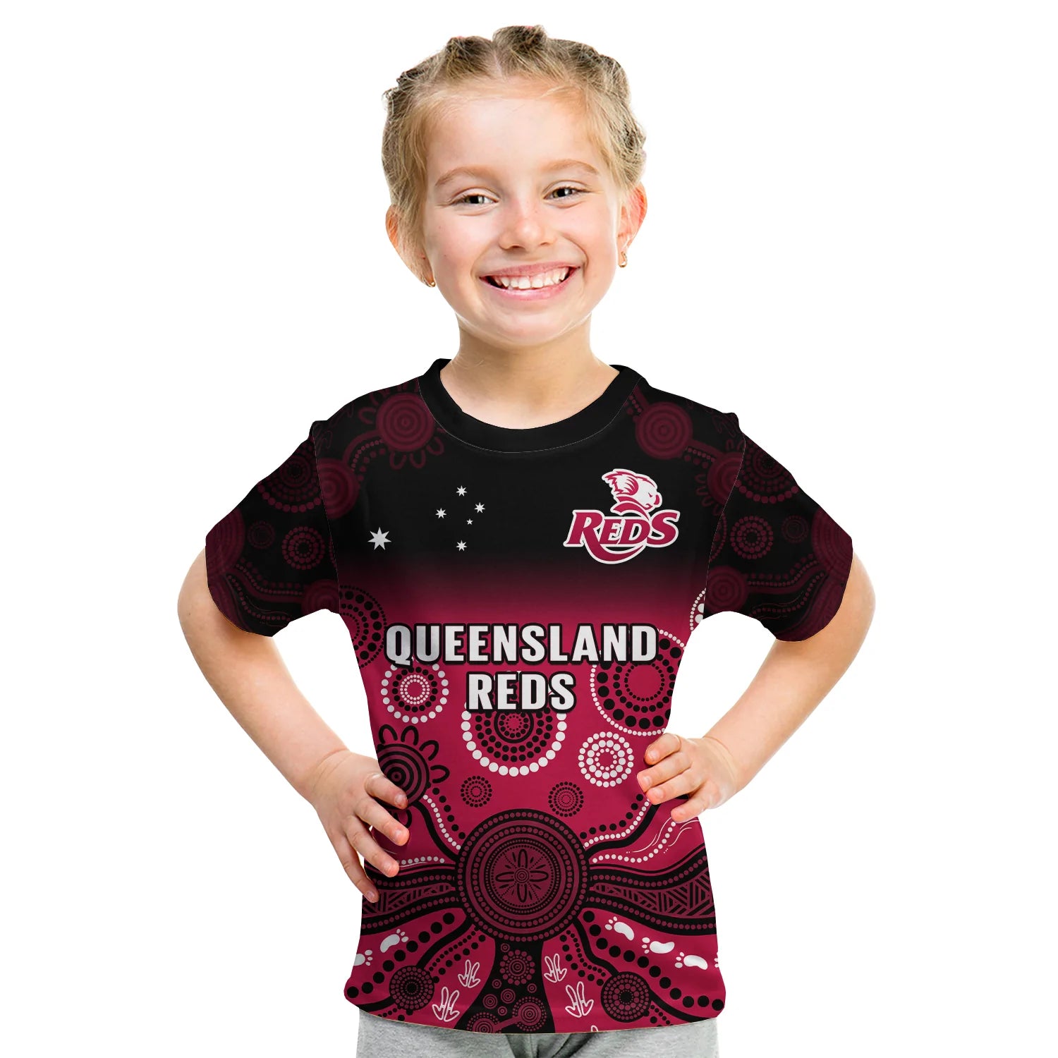 (Custom Text And Number) Queensland Reds Rugby T Shirt KID Gradient Aboriginal - Vibe Hoodie Shop