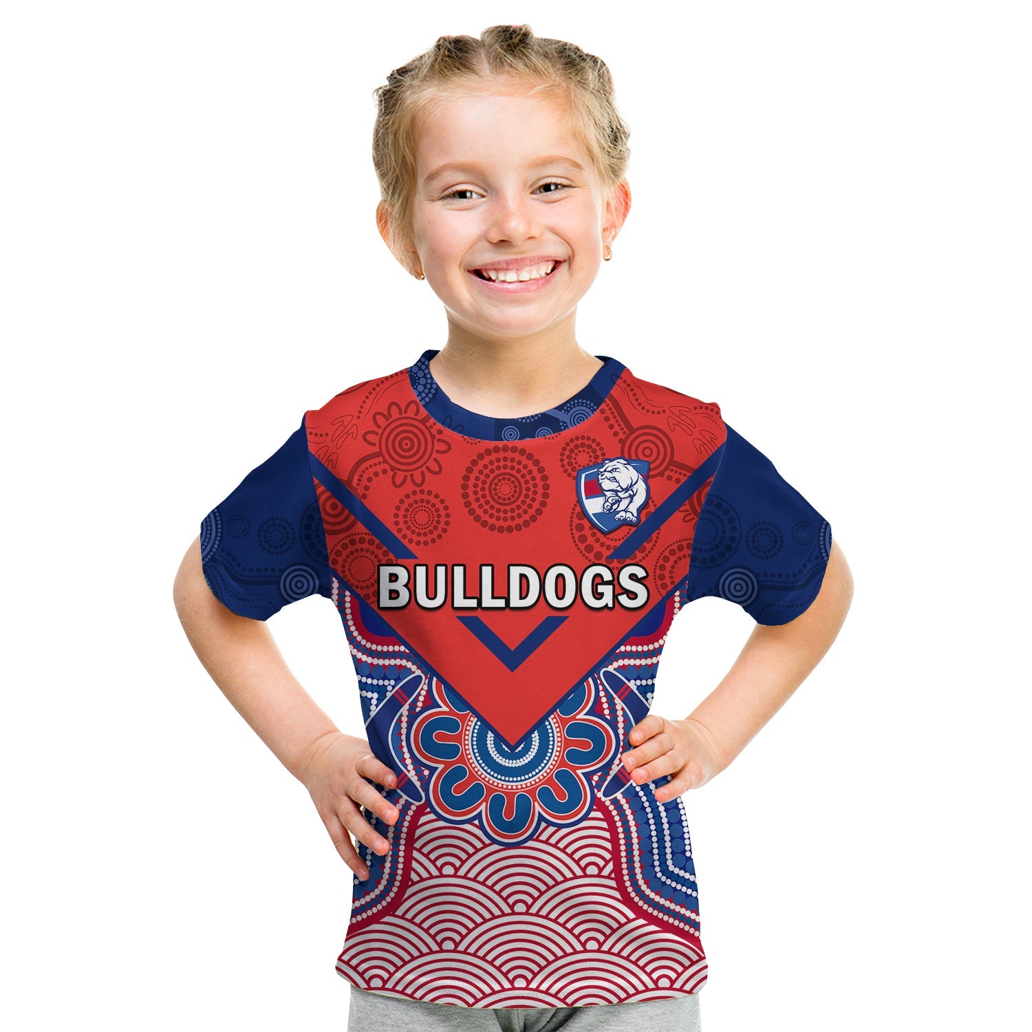 (Custom Text And Number) Bulldogs Football T Shirt KID Western Doggies Aboriginal Art - Vibe Hoodie Shop