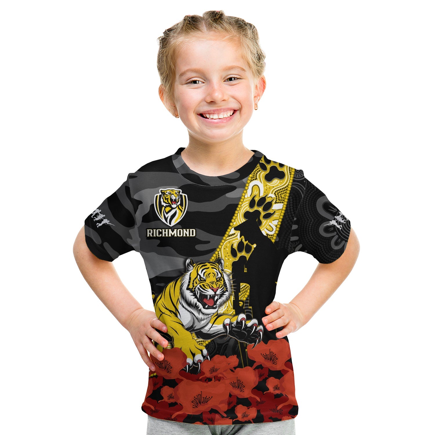 (Custom Text And Number) Richmond Football ANZAC 2023 T Shirt KID Tigers Aboriginal Mix Poppy Camouflage - Vibe Hoodie Shop