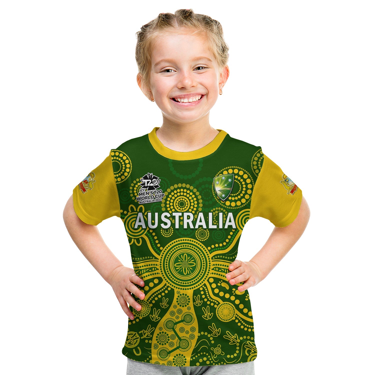 (Custom Text And Number) Australia Cricket T Shirt KID Aussie 2022 Mens T20 World Cup Ver.02 - Vibe Hoodie Shop