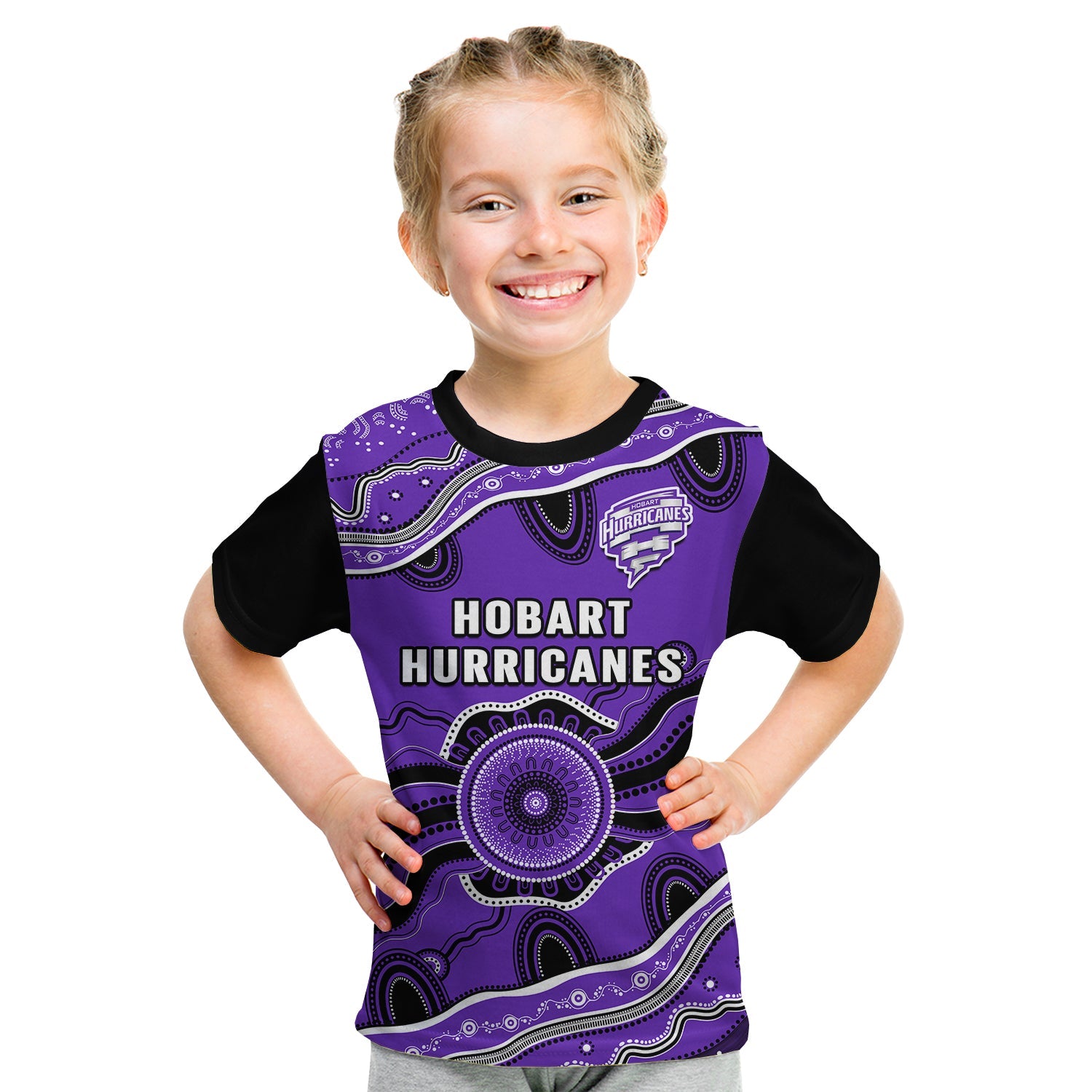 (Custom Text And Number) Hurricanes Cricket T Shirt KID Hobart Aboriginal Painting - Vibe Hoodie Shop