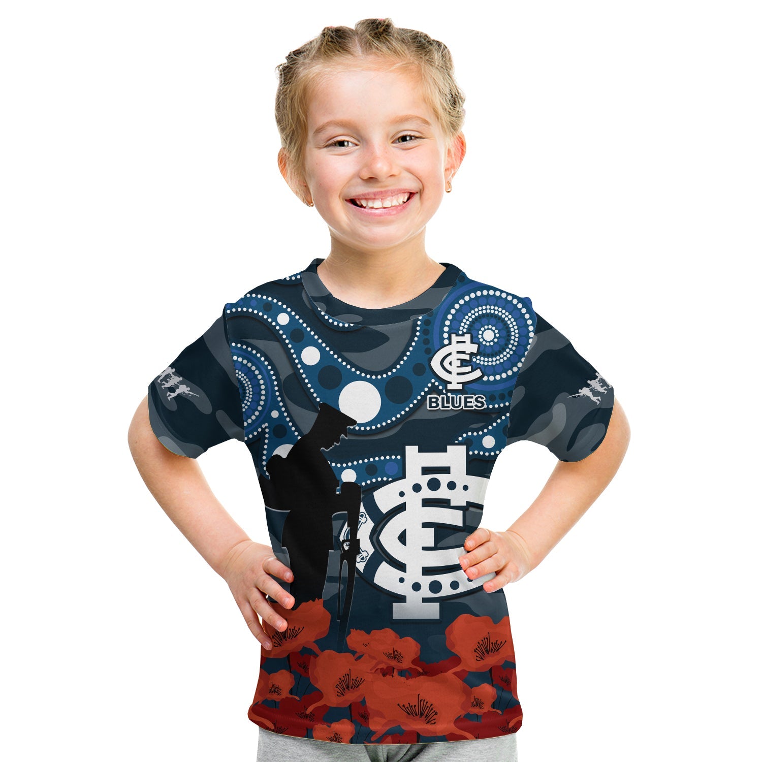 (Custom Text And Number) Carlton Football ANZAC 2023 T Shirt KID Blues Aboriginal Mix Poppy Camouflage - Vibe Hoodie Shop